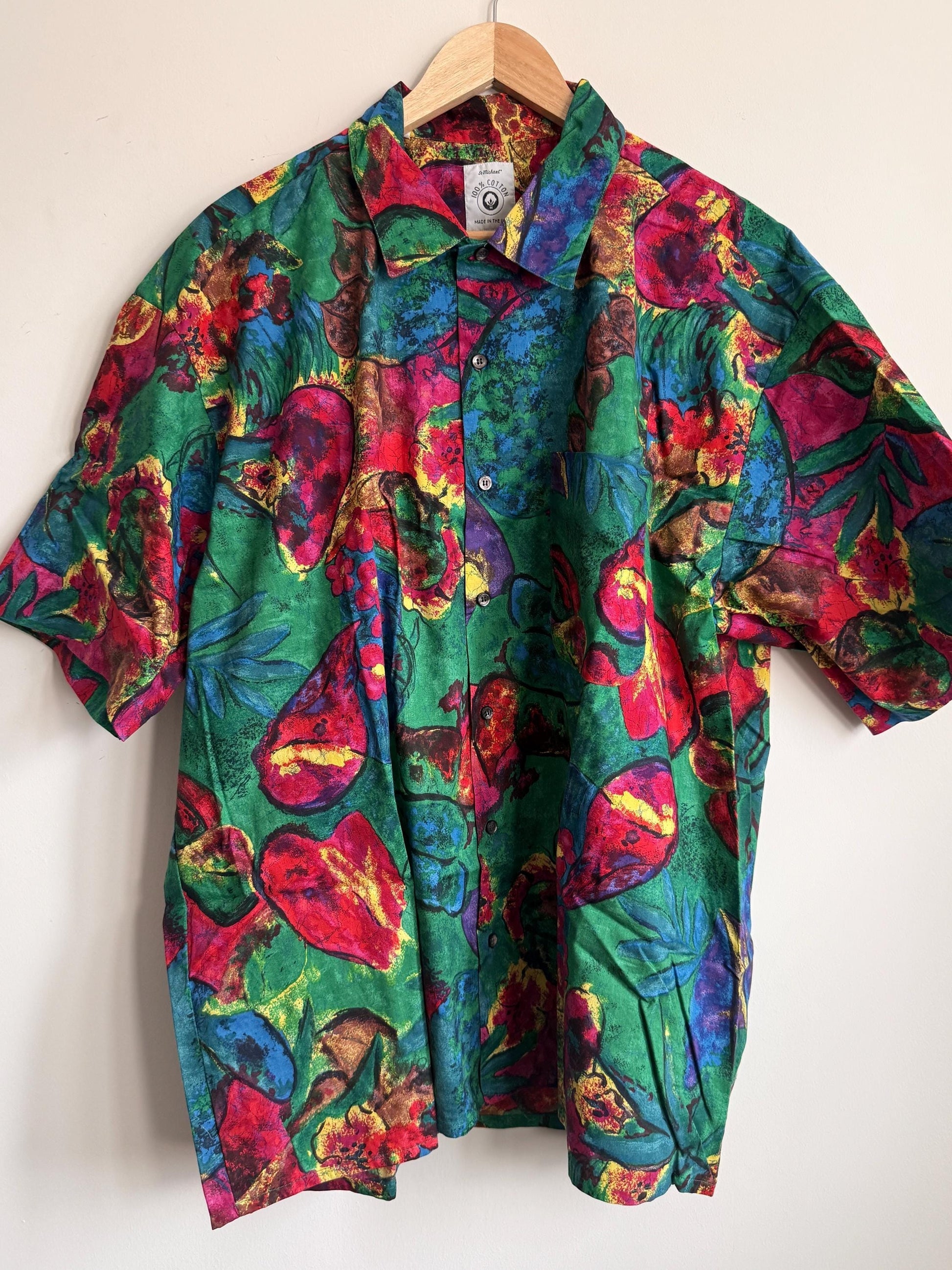 Vintage 1980s St Michael Men’s Shirt Made in UK 100% Cotton Abstract Floral Green Short Sleeve