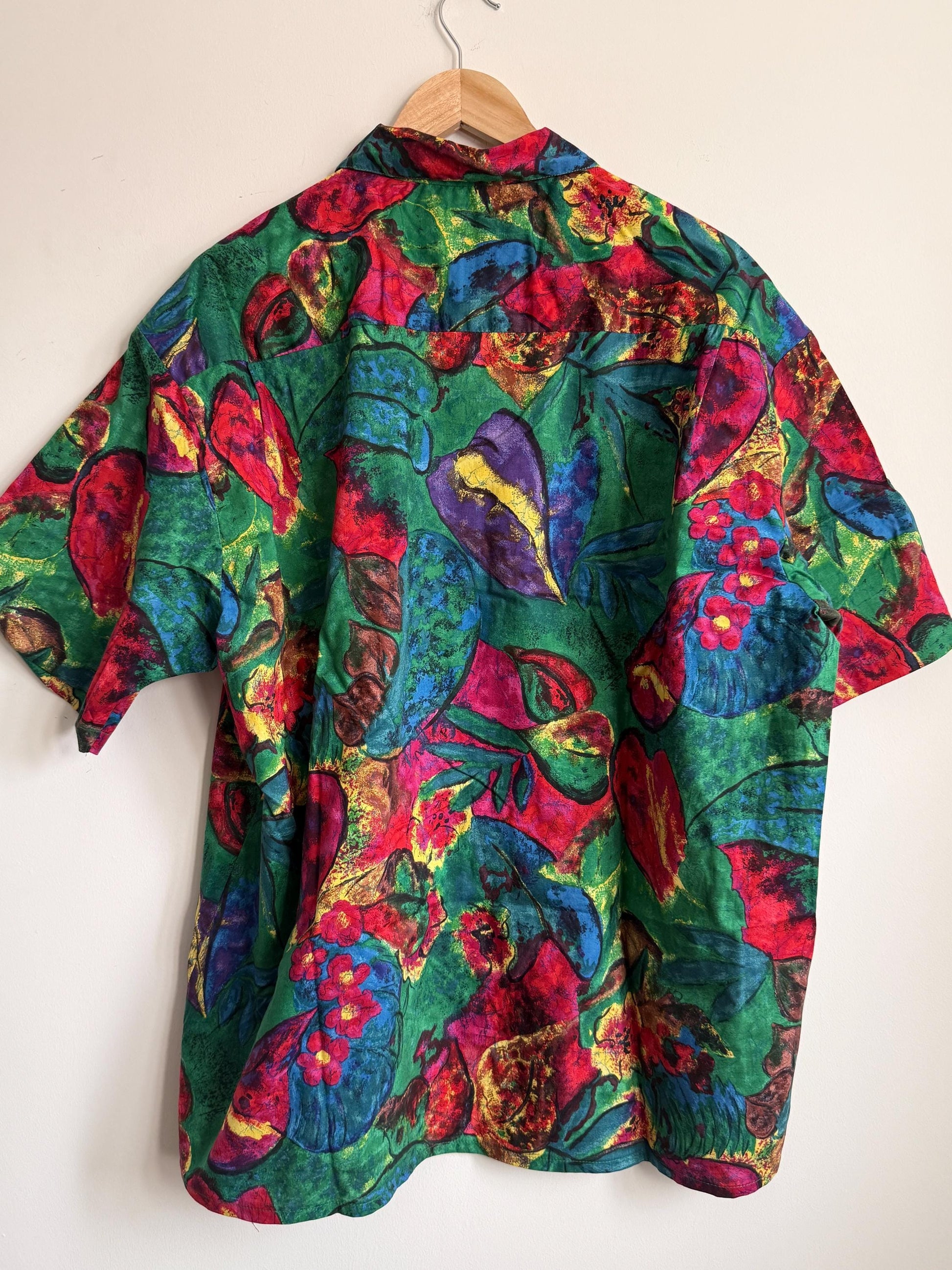 Vintage 1980s St Michael Men’s Shirt Made in UK 100% Cotton Abstract Floral Green Short Sleeve