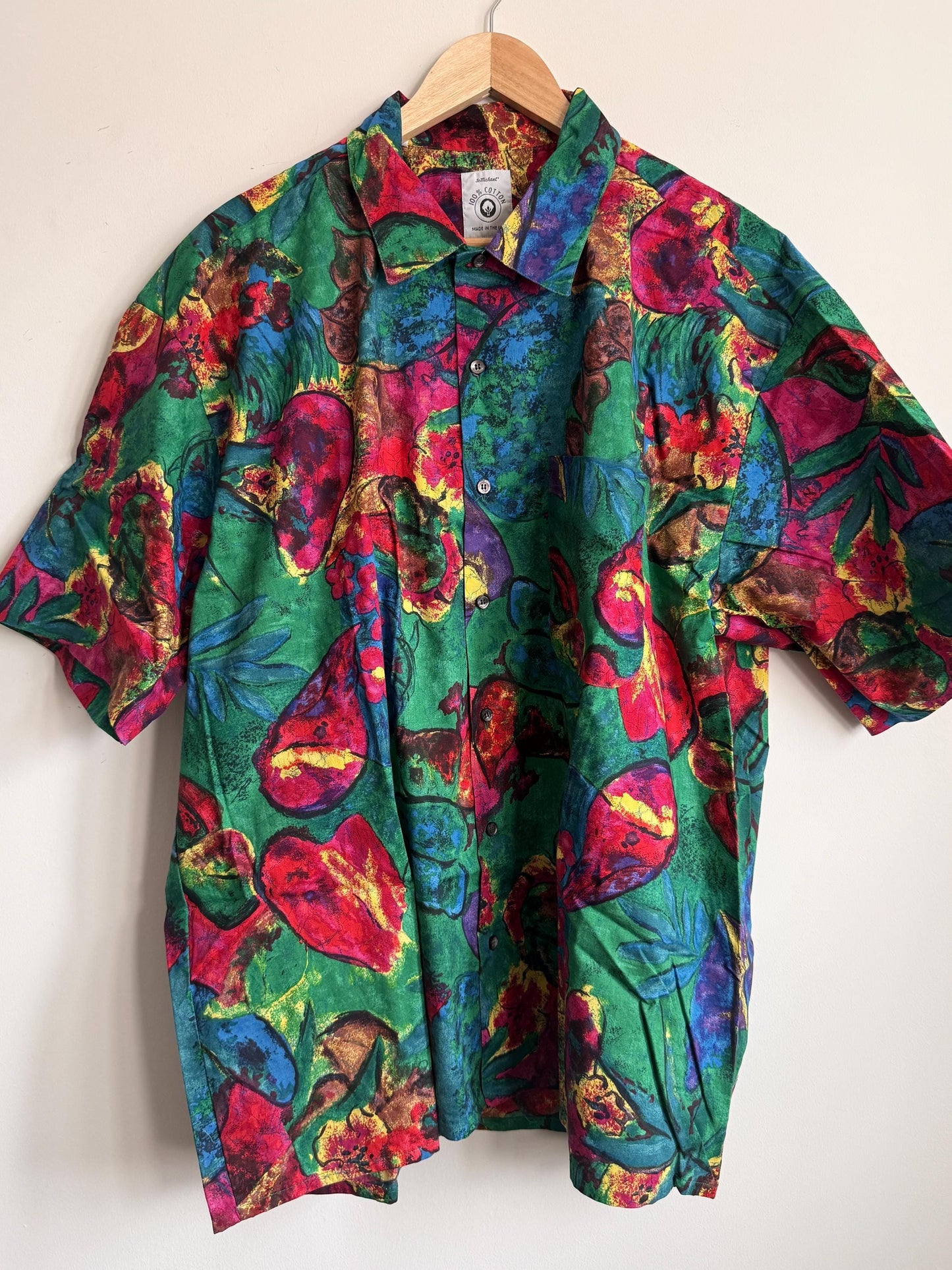 Vintage 1980s St Michael Men’s Shirt Made in UK 100% Cotton Abstract Floral Green Short Sleeve