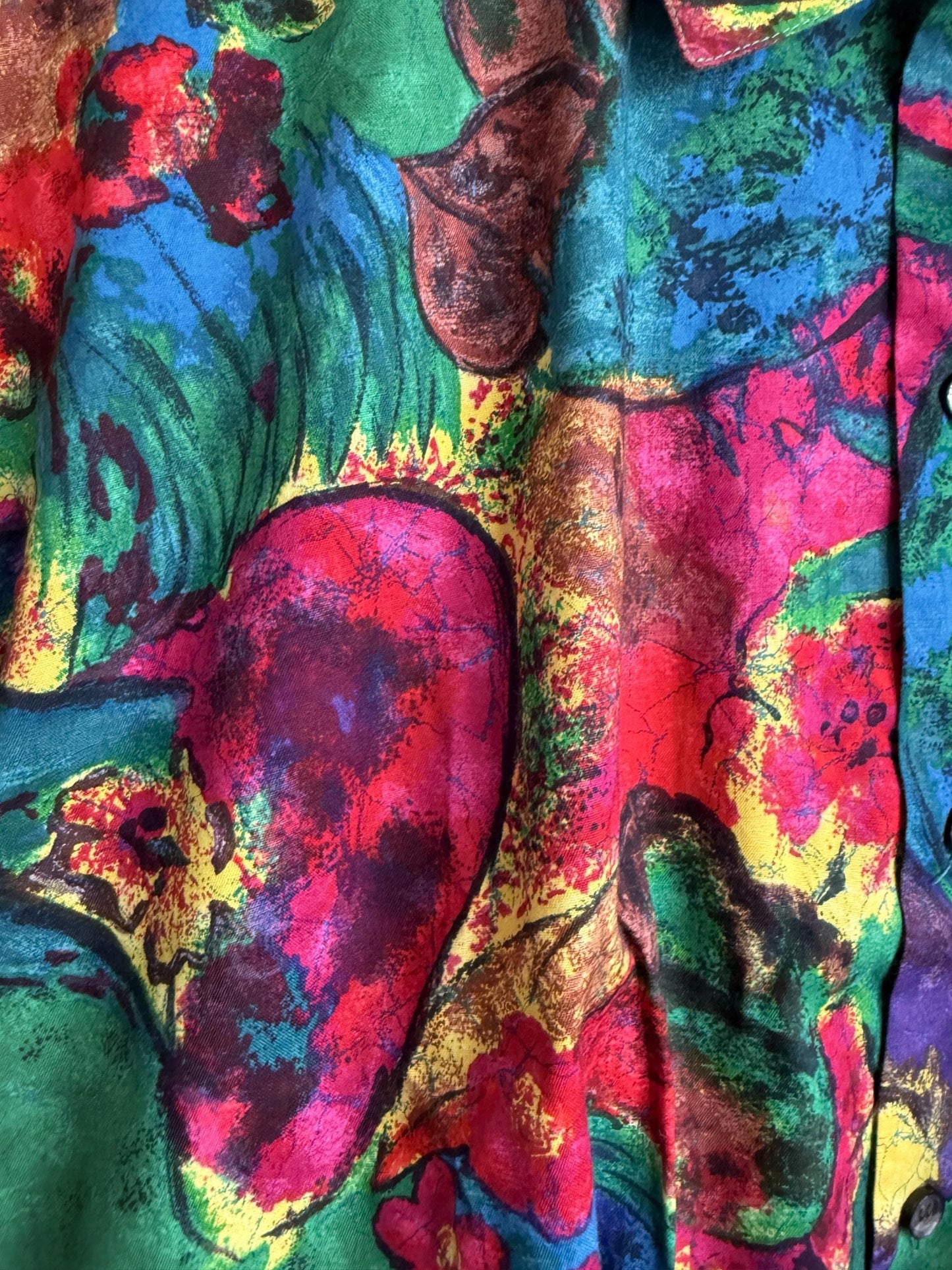Vintage 1980s St Michael Men’s Shirt Made in UK 100% Cotton Abstract Floral Green Short Sleeve