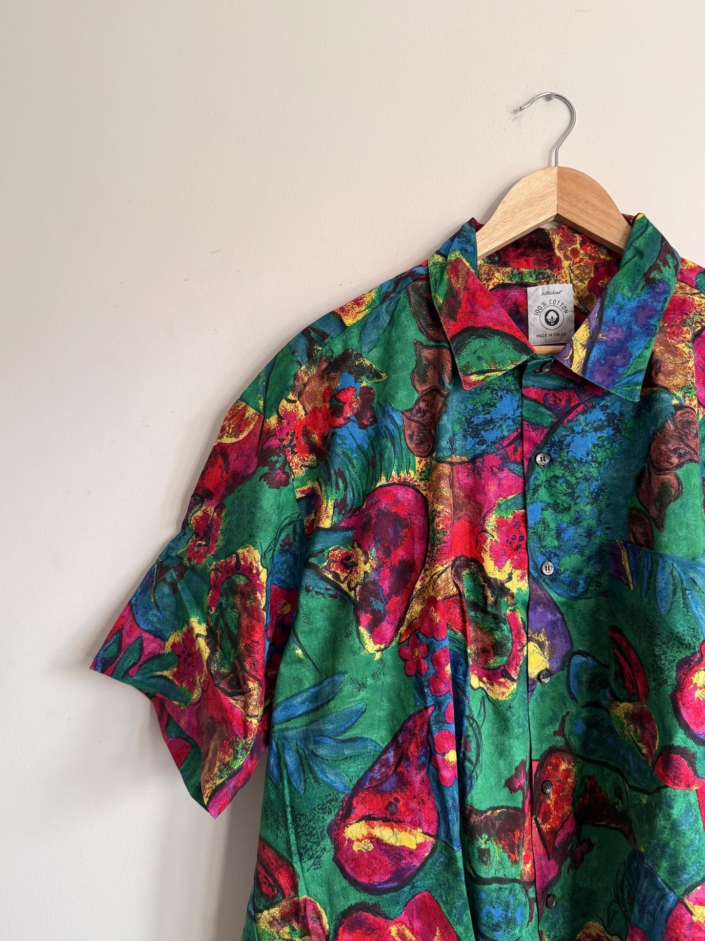 Vintage 1980s St Michael Men’s Shirt Made in UK 100% Cotton Abstract Floral Green Short Sleeve