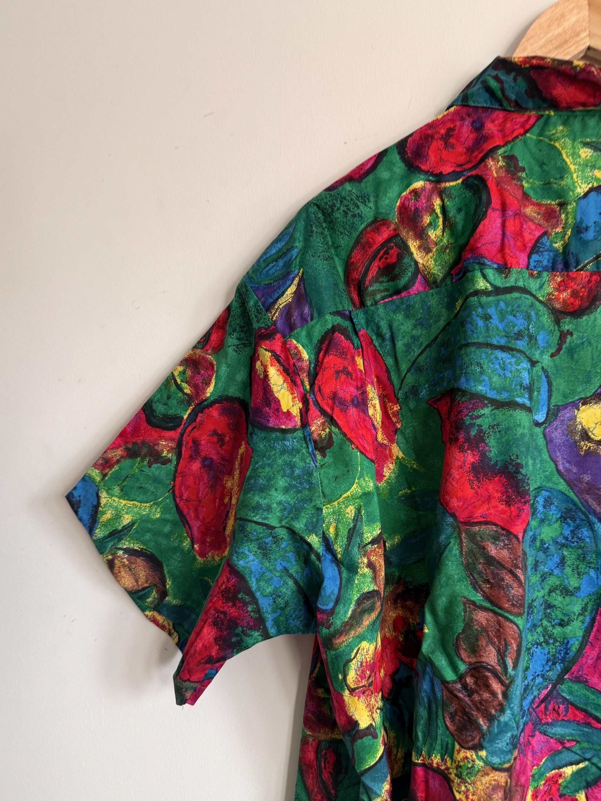 Vintage 1980s St Michael Men’s Shirt Made in UK 100% Cotton Abstract Floral Green Short Sleeve