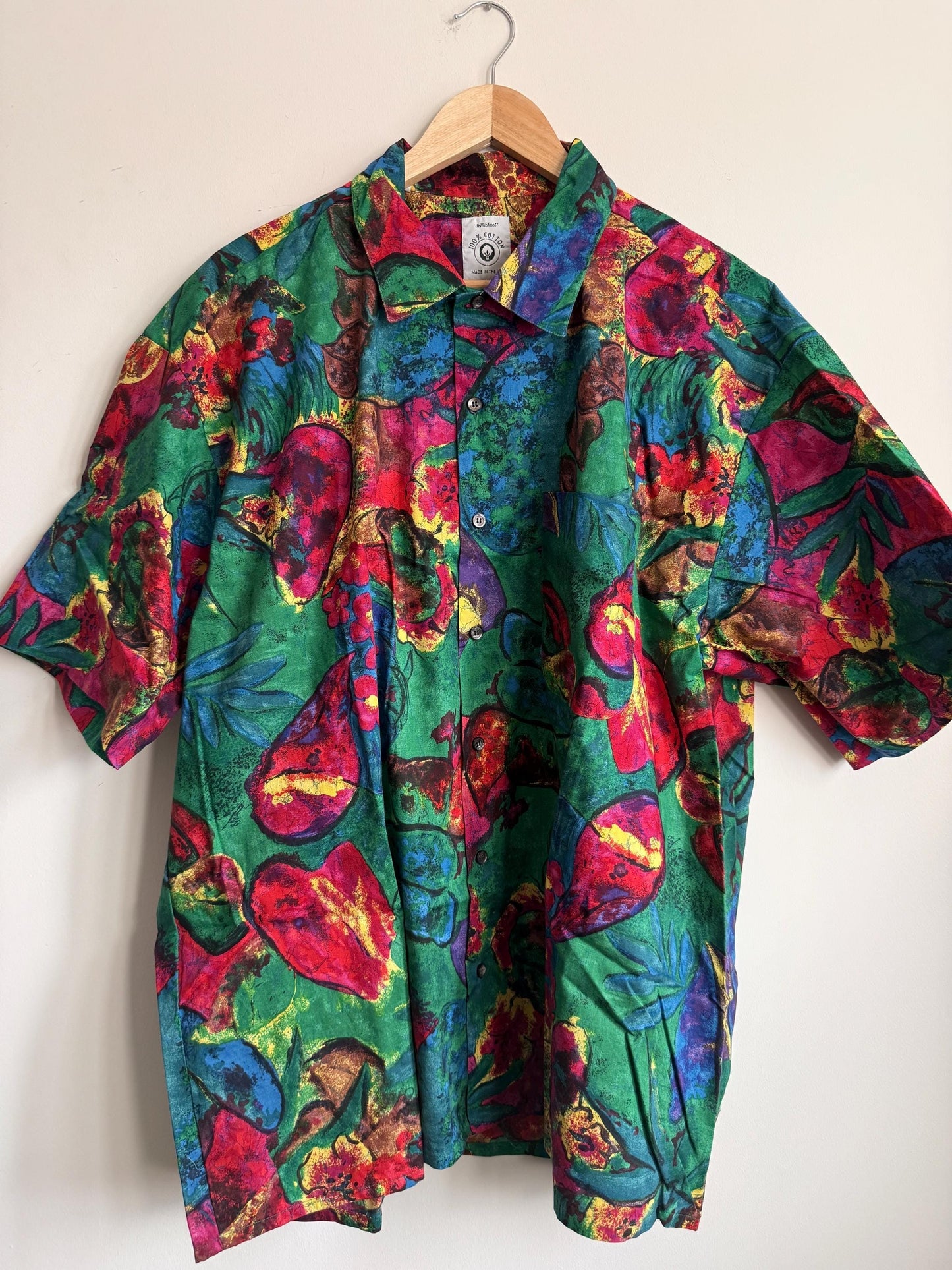 Vintage 1980s St Michael Men’s Shirt Made in UK 100% Cotton Abstract Floral Green Short Sleeve