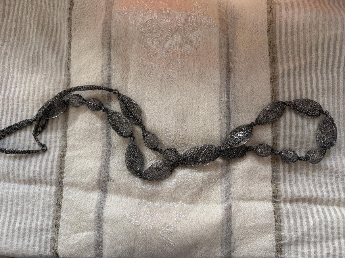 Vintage 1990s Gunmetal Mesh Necklace, Long Silver Statement Necklace, Netted Crystal Bead Jewellery, 90s Evening Necklace