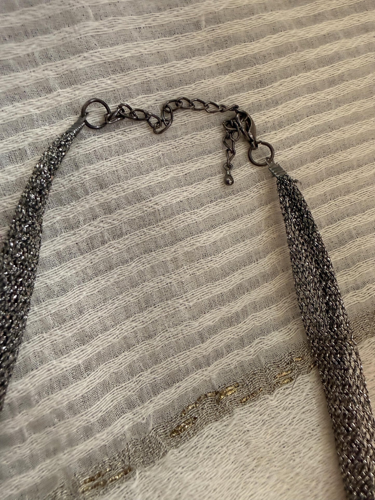 Vintage 1990s Gunmetal Mesh Necklace, Long Silver Statement Necklace, Netted Crystal Bead Jewellery, 90s Evening Necklace