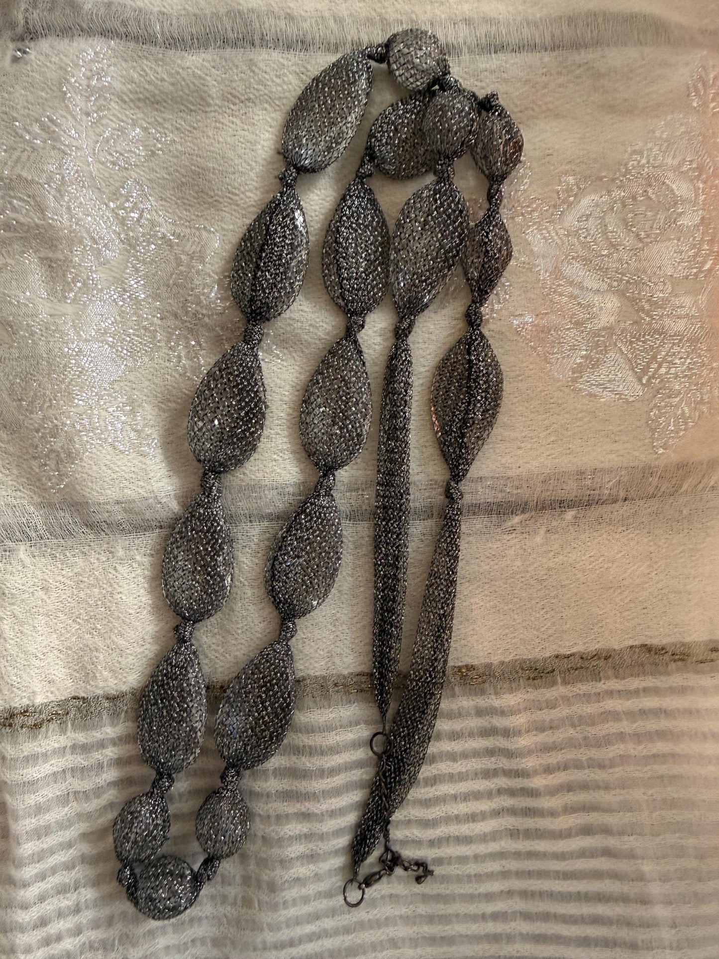 Vintage 1990s Gunmetal Mesh Necklace, Long Silver Statement Necklace, Netted Crystal Bead Jewellery, 90s Evening Necklace