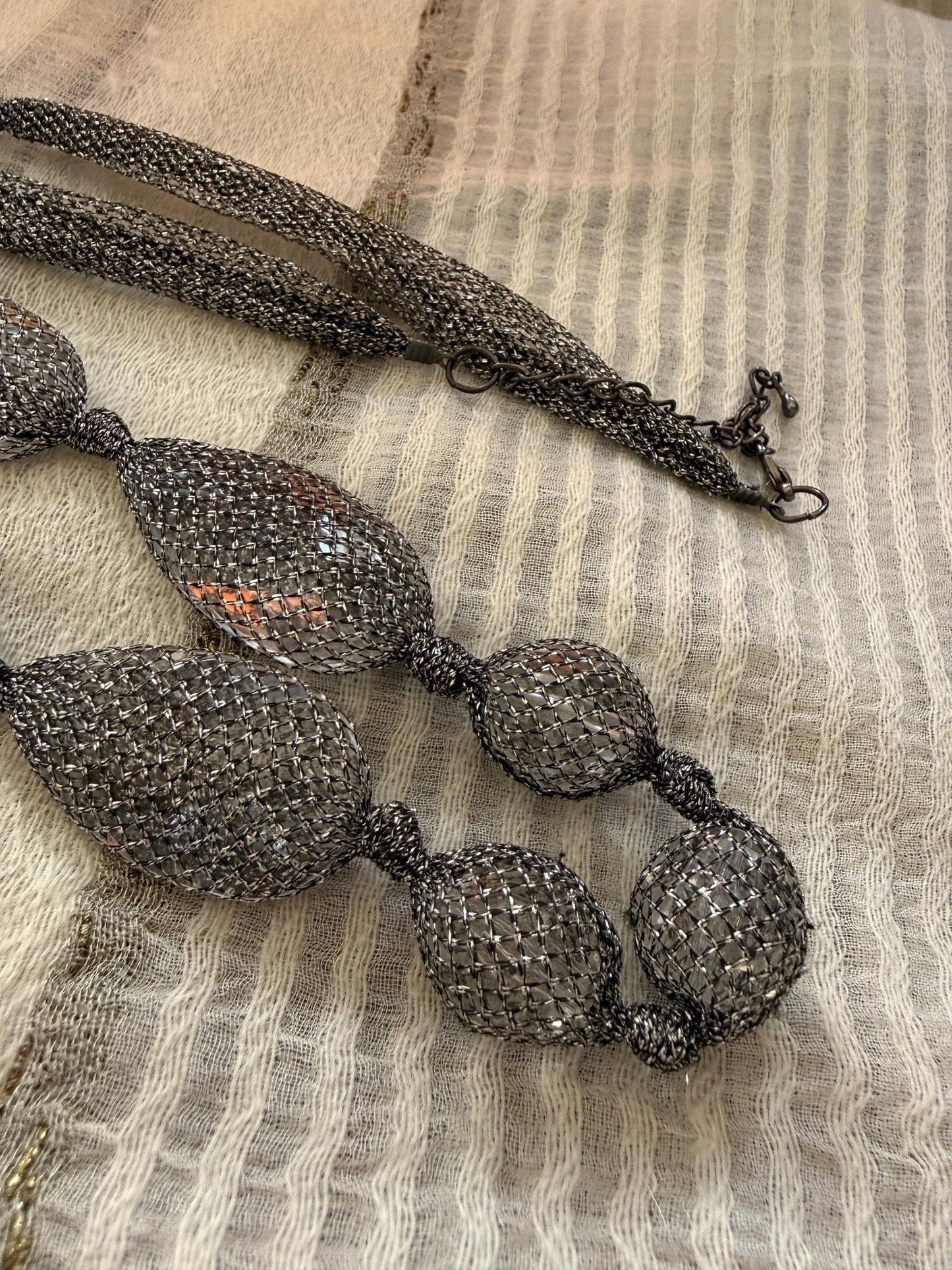 Vintage 1990s Gunmetal Mesh Necklace, Long Silver Statement Necklace, Netted Crystal Bead Jewellery, 90s Evening Necklace