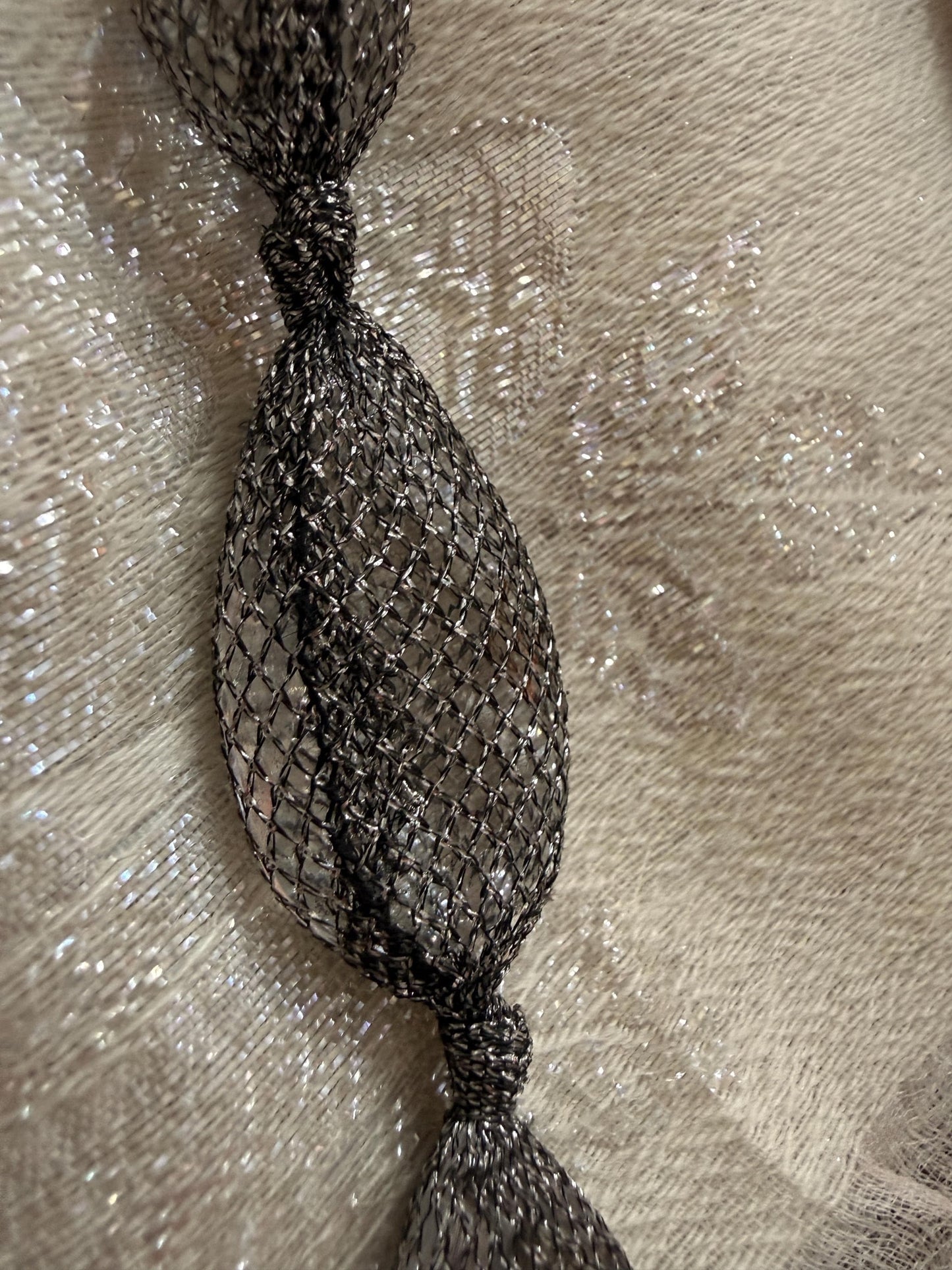 Vintage 1990s Gunmetal Mesh Necklace, Long Silver Statement Necklace, Netted Crystal Bead Jewellery, 90s Evening Necklace