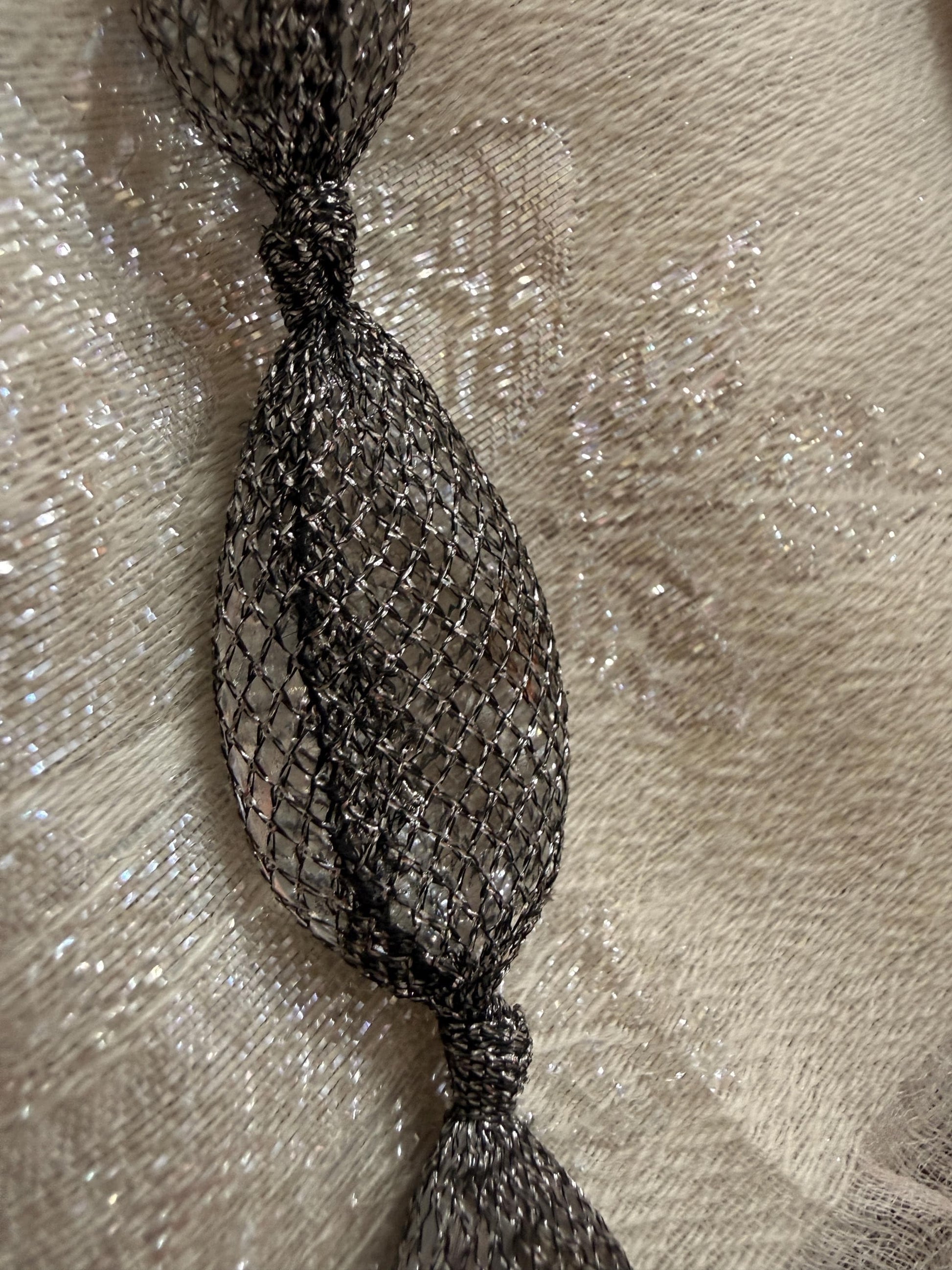 Vintage 1990s Gunmetal Mesh Necklace, Long Silver Statement Necklace, Netted Crystal Bead Jewellery, 90s Evening Necklace