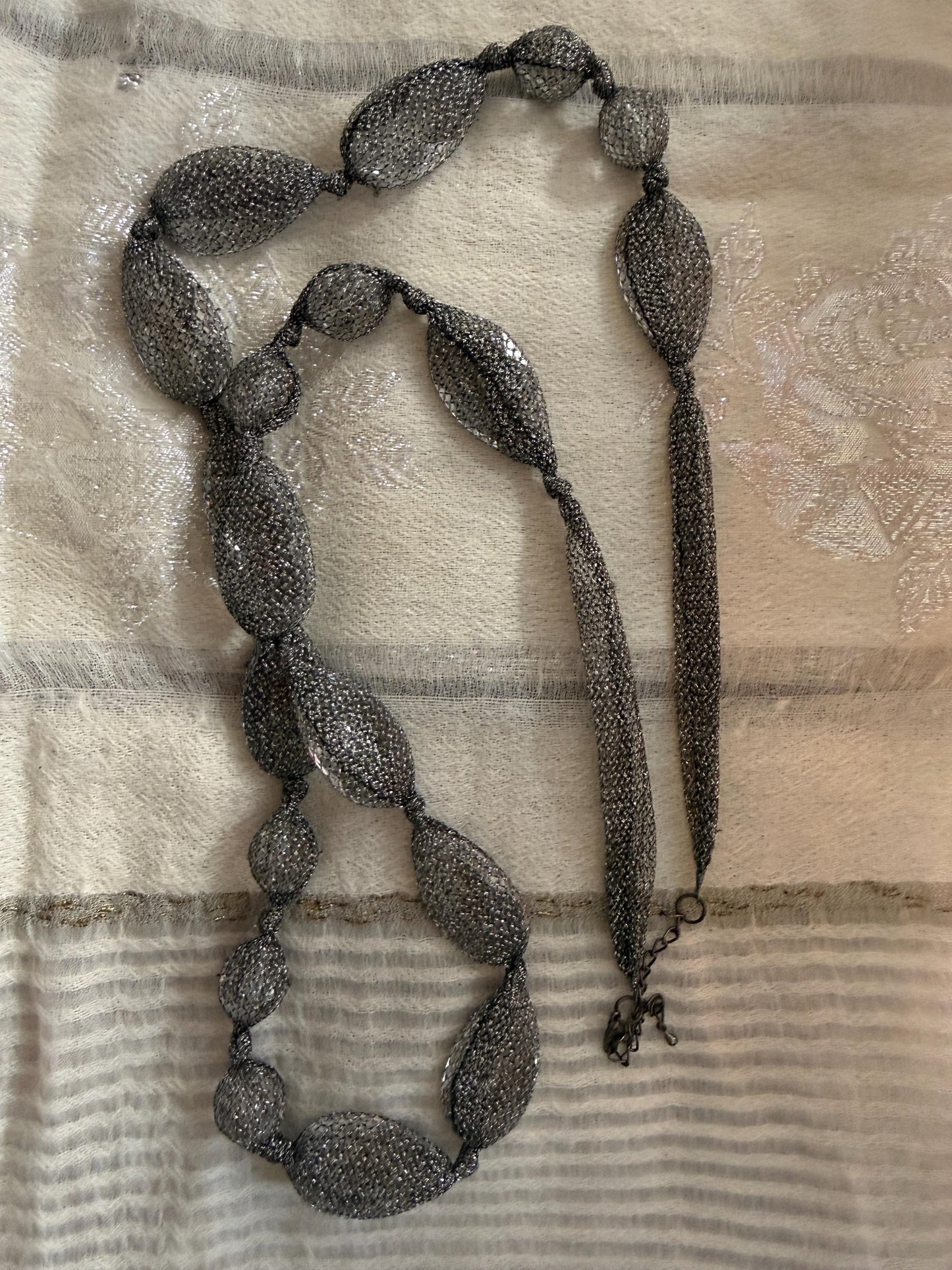 Vintage 1990s Gunmetal Mesh Necklace, Long Silver Statement Necklace, Netted Crystal Bead Jewellery, 90s Evening Necklace