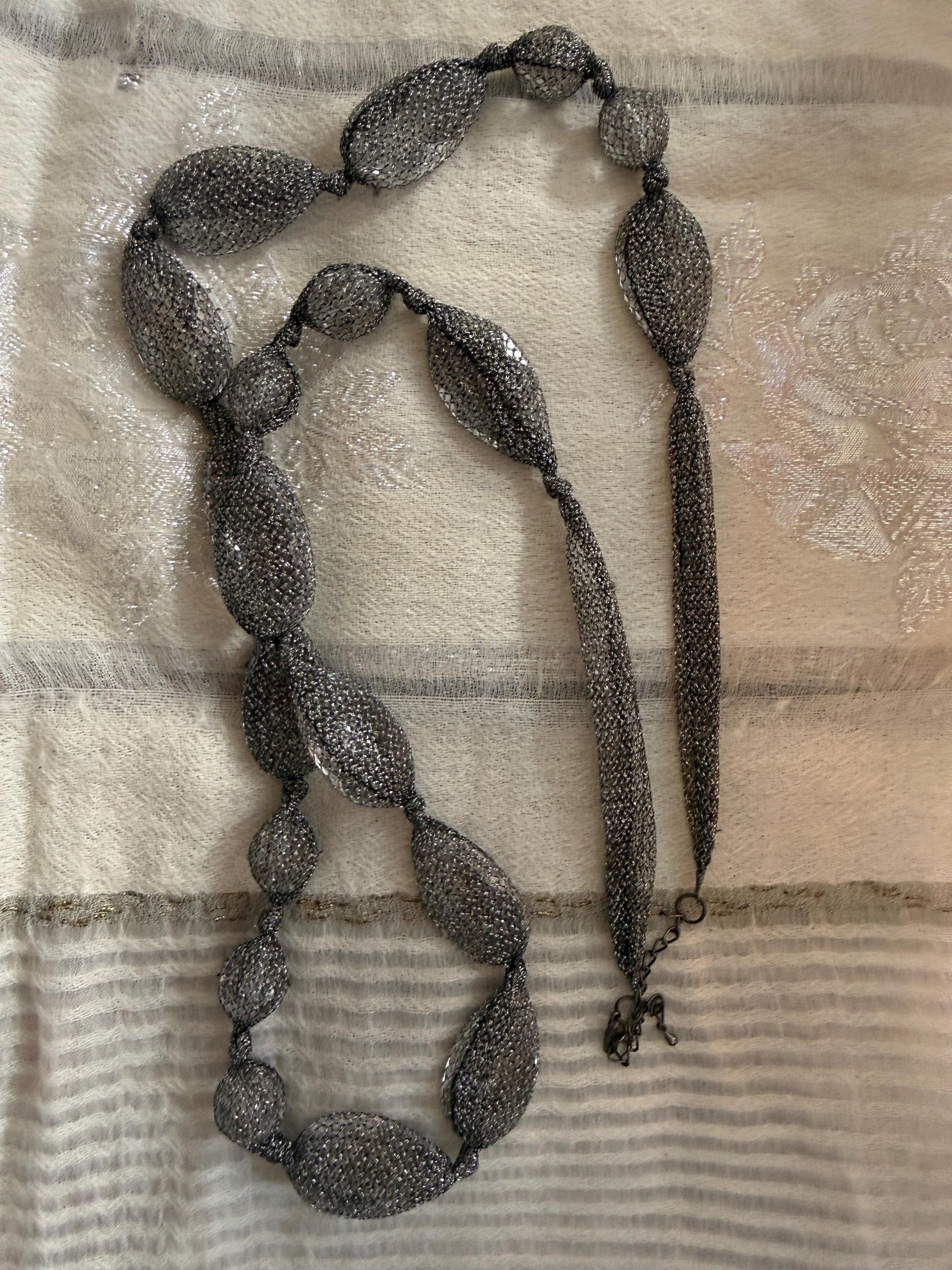 Vintage 1990s Gunmetal Mesh Necklace, Long Silver Statement Necklace, Netted Crystal Bead Jewellery, 90s Evening Necklace