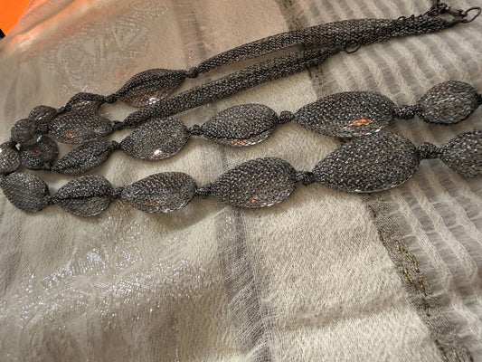 Vintage 1990s Gunmetal Mesh Necklace, Long Silver Statement Necklace, Netted Crystal Bead Jewellery, 90s Evening Necklace