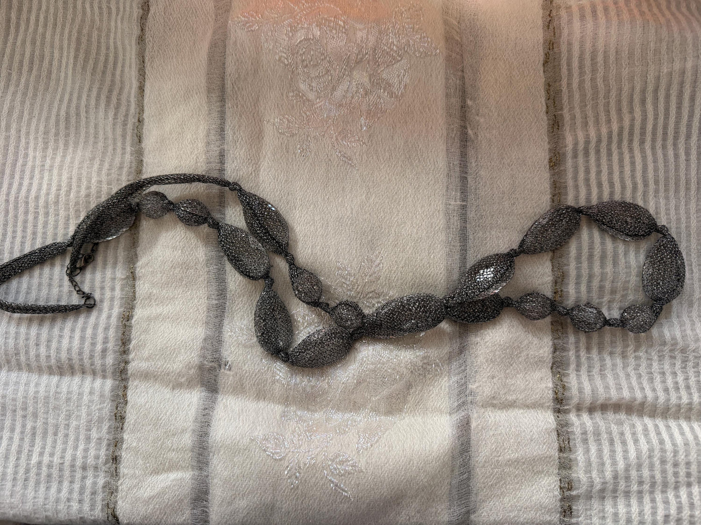 Vintage 1990s Gunmetal Mesh Necklace, Long Silver Statement Necklace, Netted Crystal Bead Jewellery, 90s Evening Necklace
