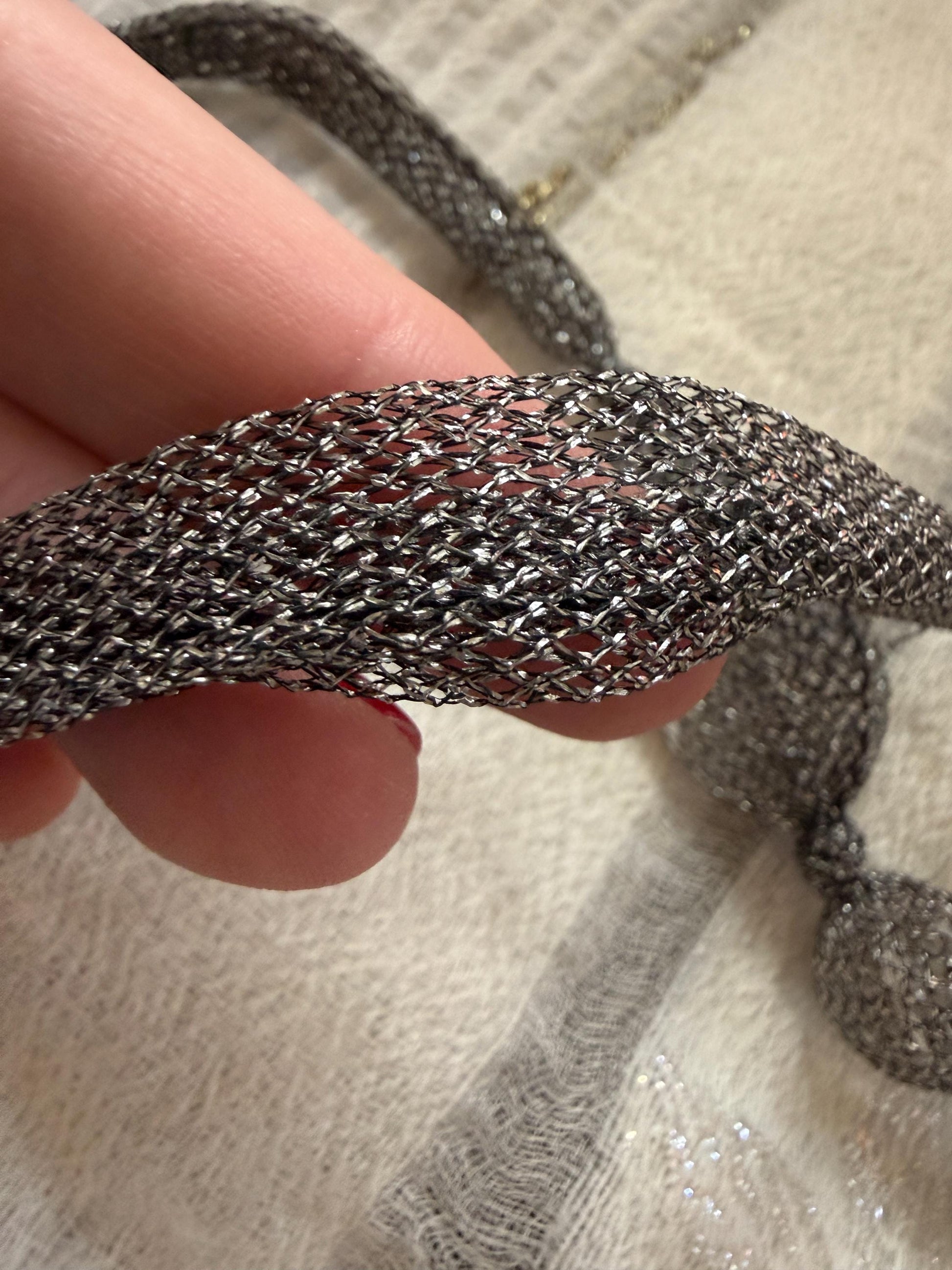Vintage 1990s Gunmetal Mesh Necklace, Long Silver Statement Necklace, Netted Crystal Bead Jewellery, 90s Evening Necklace