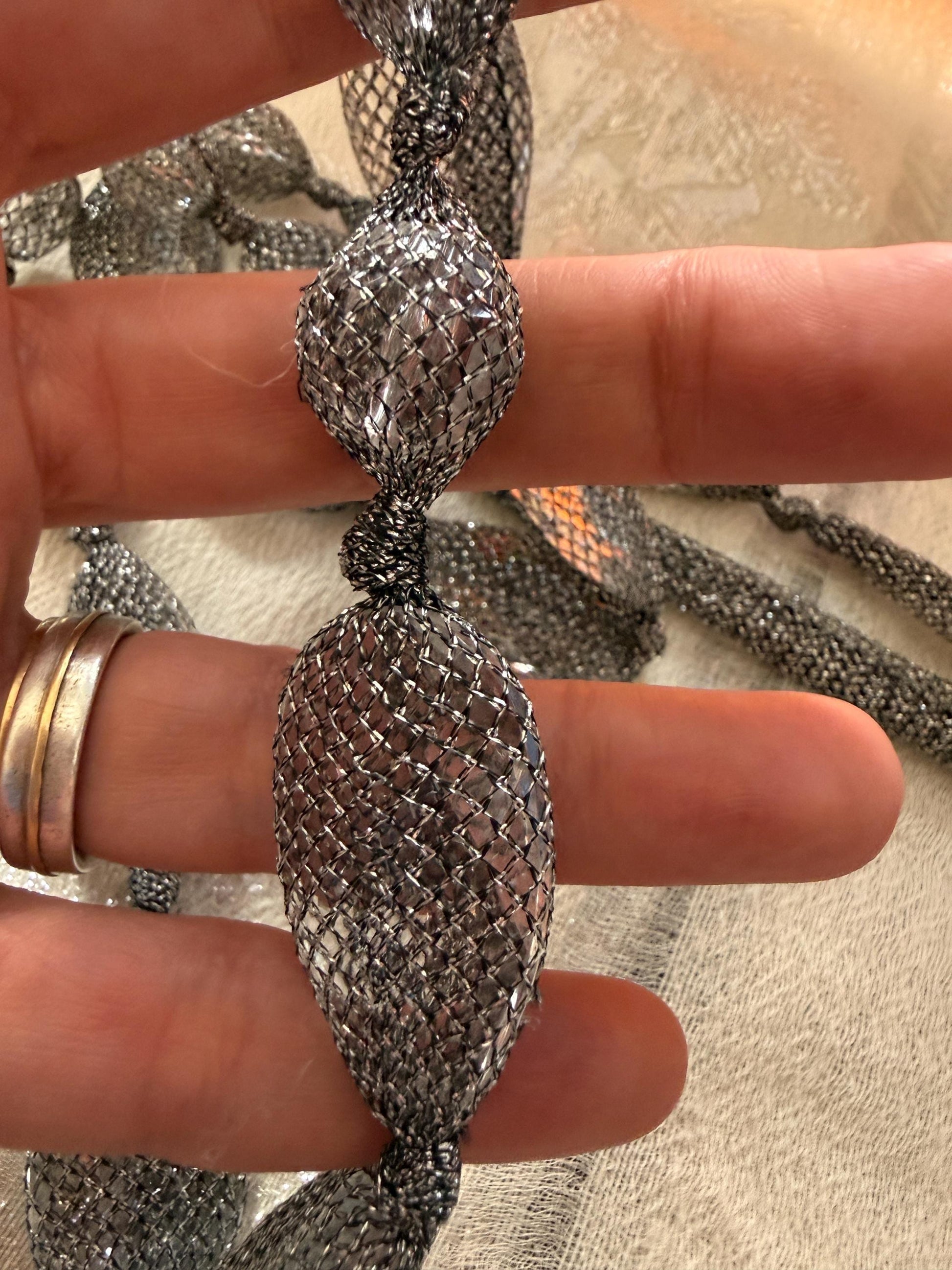 Vintage 1990s Gunmetal Mesh Necklace, Long Silver Statement Necklace, Netted Crystal Bead Jewellery, 90s Evening Necklace