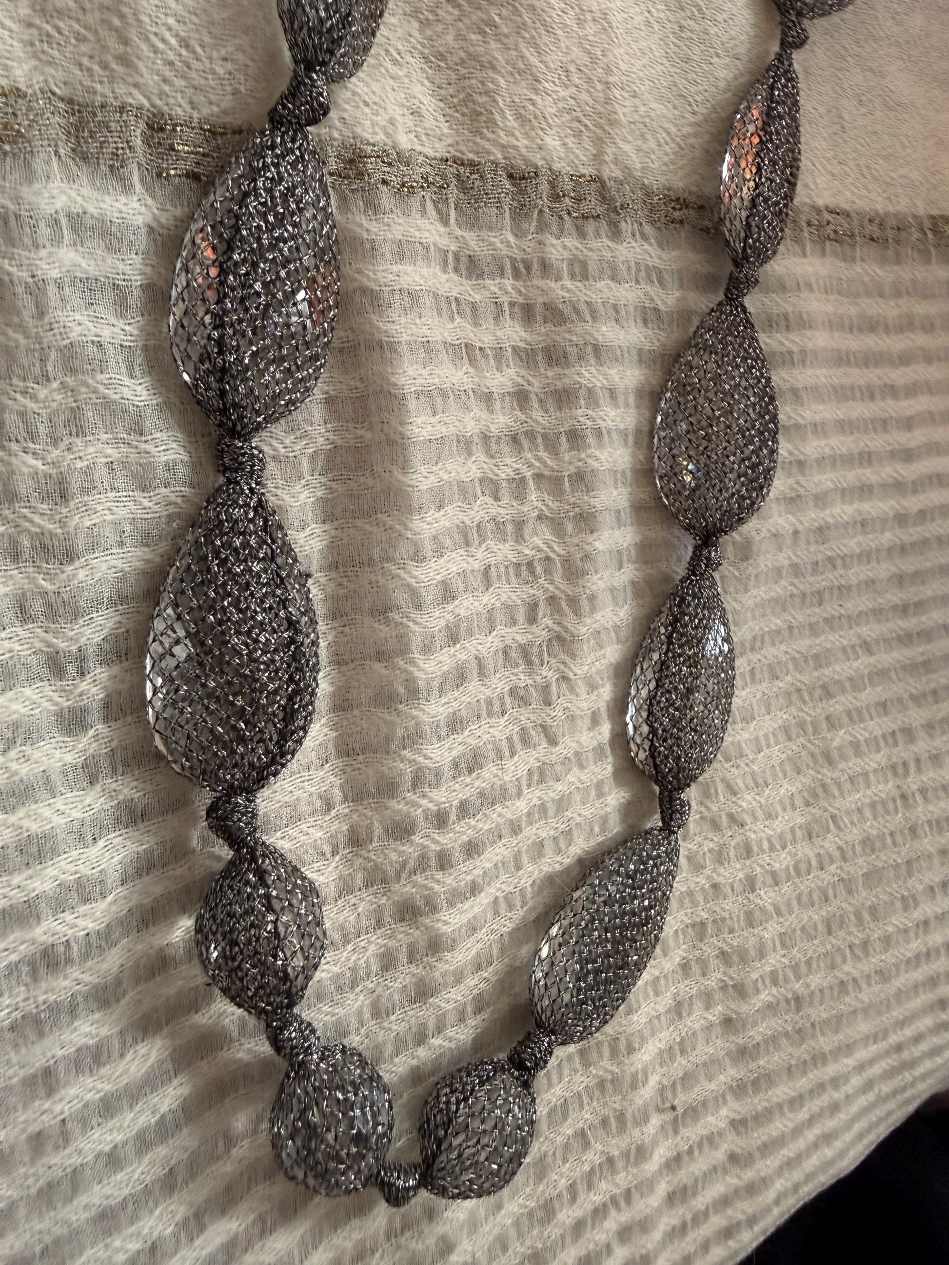 Vintage 1990s Gunmetal Mesh Necklace, Long Silver Statement Necklace, Netted Crystal Bead Jewellery, 90s Evening Necklace