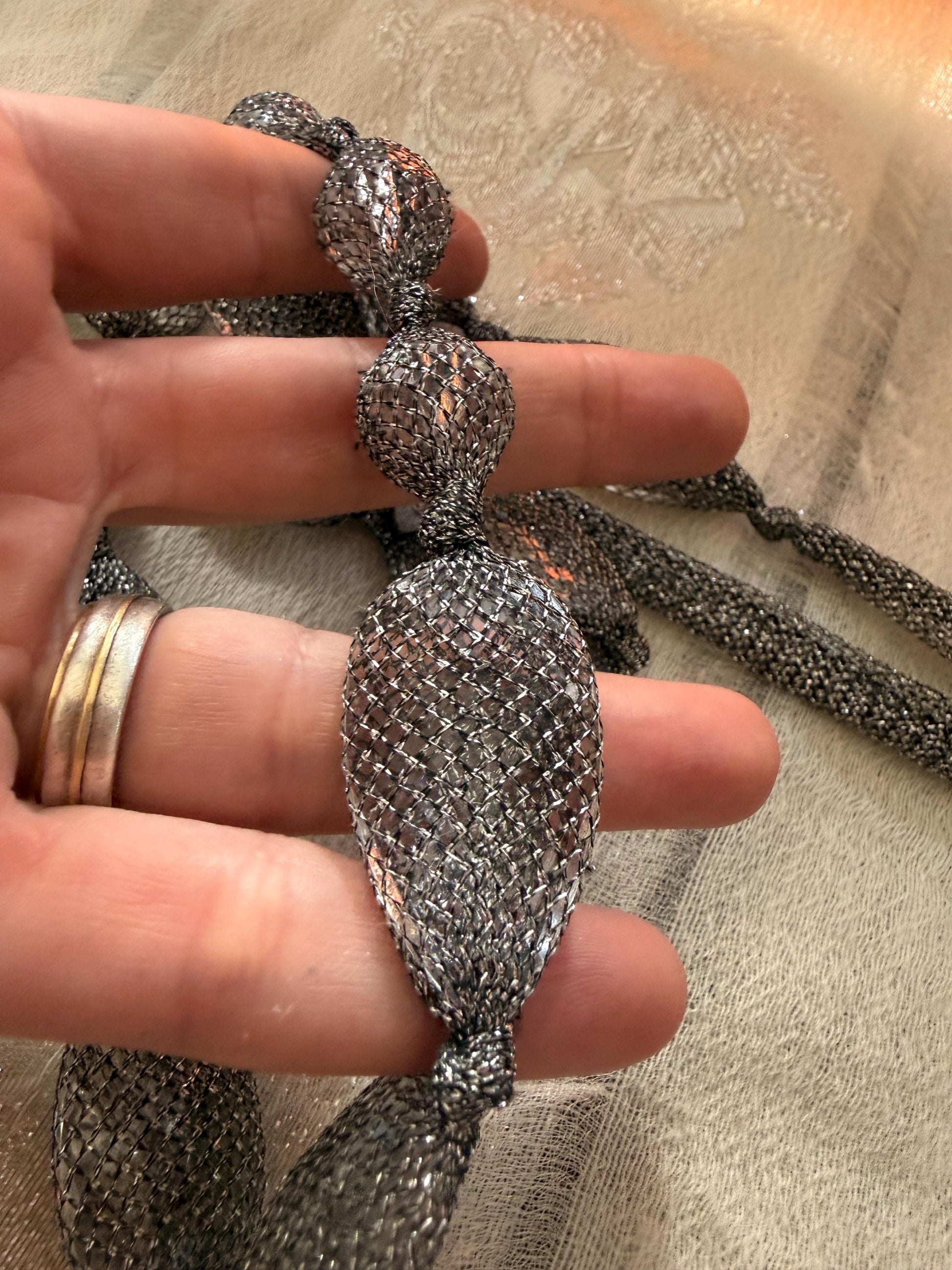 Vintage 1990s Gunmetal Mesh Necklace, Long Silver Statement Necklace, Netted Crystal Bead Jewellery, 90s Evening Necklace