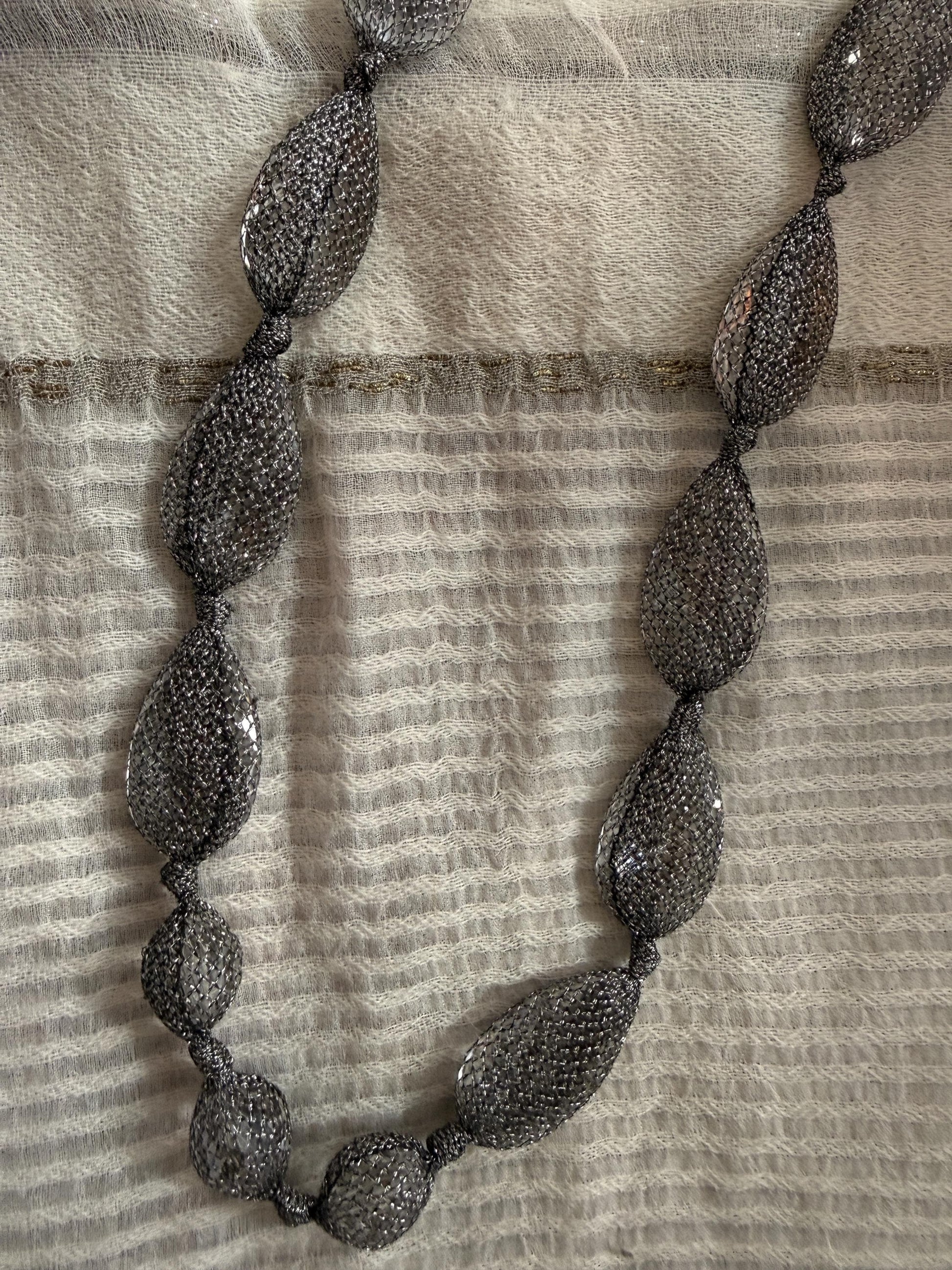 Vintage 1990s Gunmetal Mesh Necklace, Long Silver Statement Necklace, Netted Crystal Bead Jewellery, 90s Evening Necklace