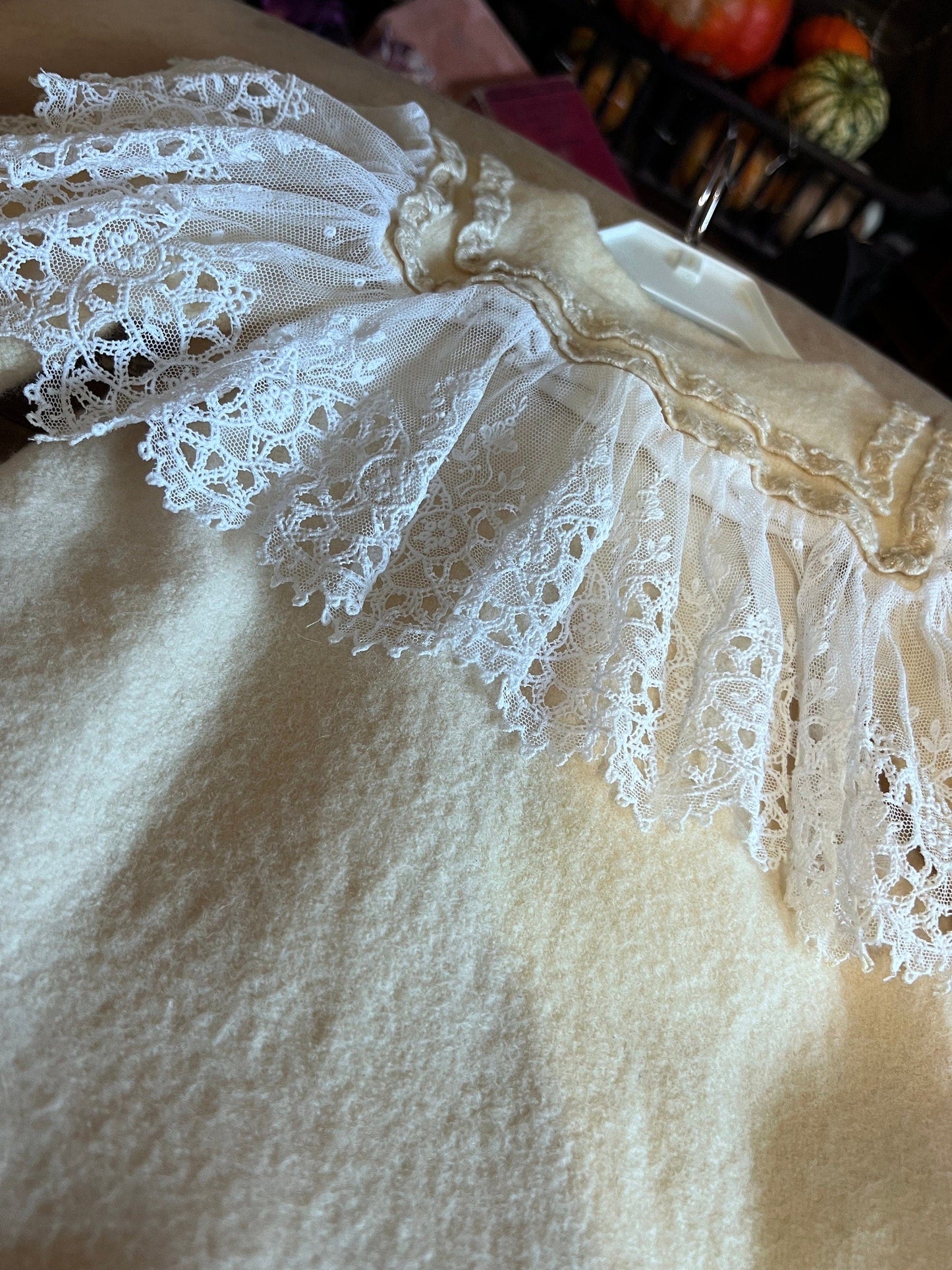 Vintage 40s childrens wool cream wool and lace coat | 1940s wool single breasted swing coat with fluted sleeves and lace details 1940s Coat