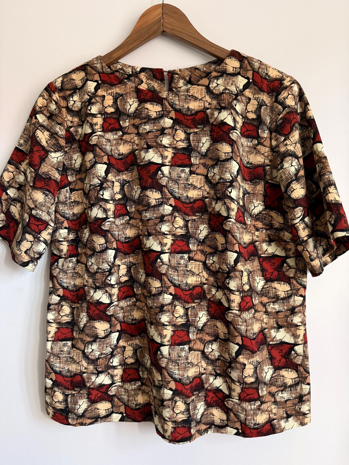 Vintage 60s 70s Abstract Print Blouse Brown Rust Cream UK 16