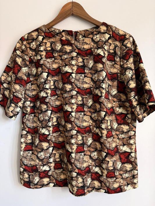 Vintage 60s 70s Abstract Print Blouse Brown Rust Cream UK 16