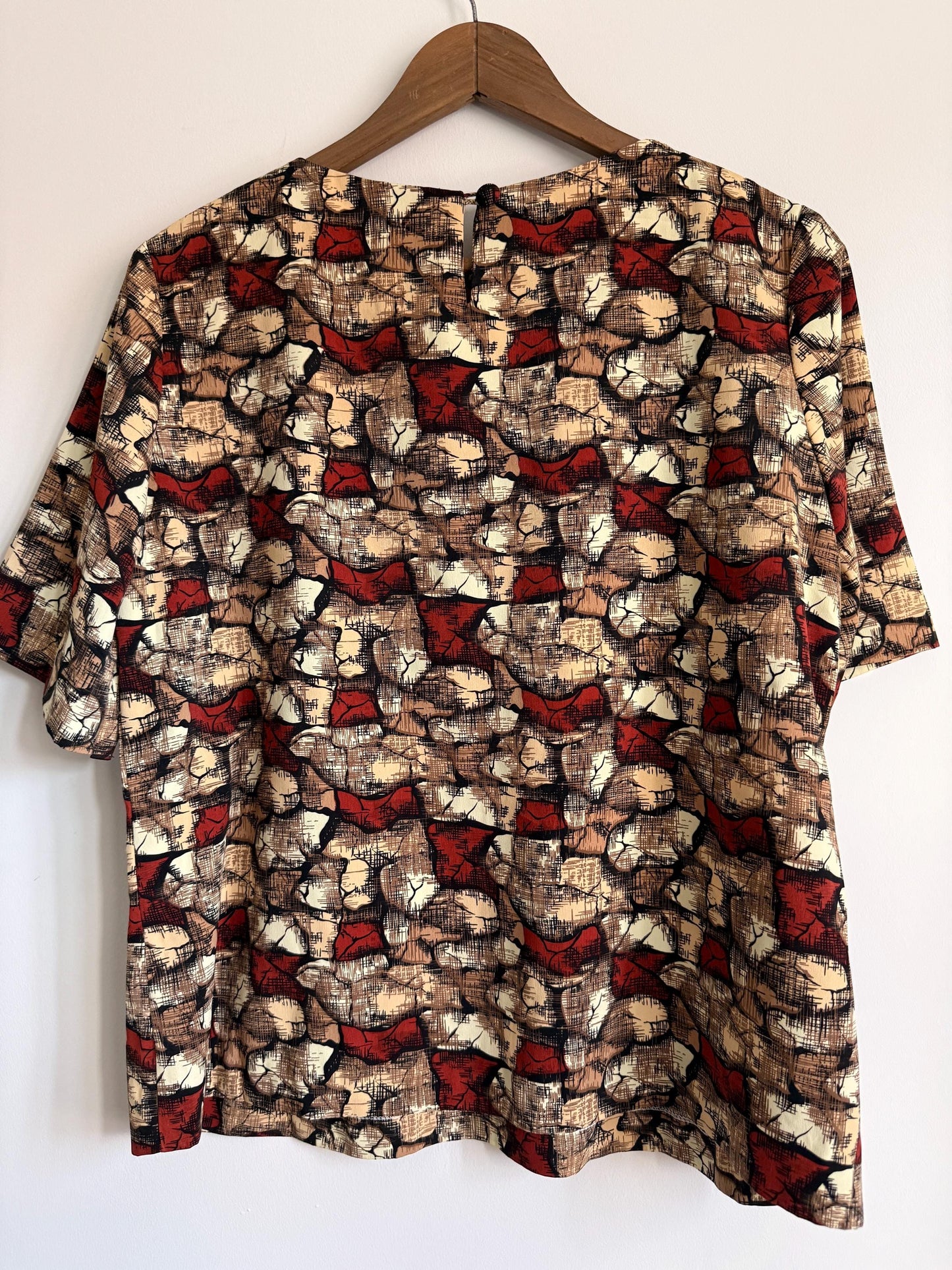Vintage 60s 70s Abstract Print Blouse Brown Rust Cream UK 16