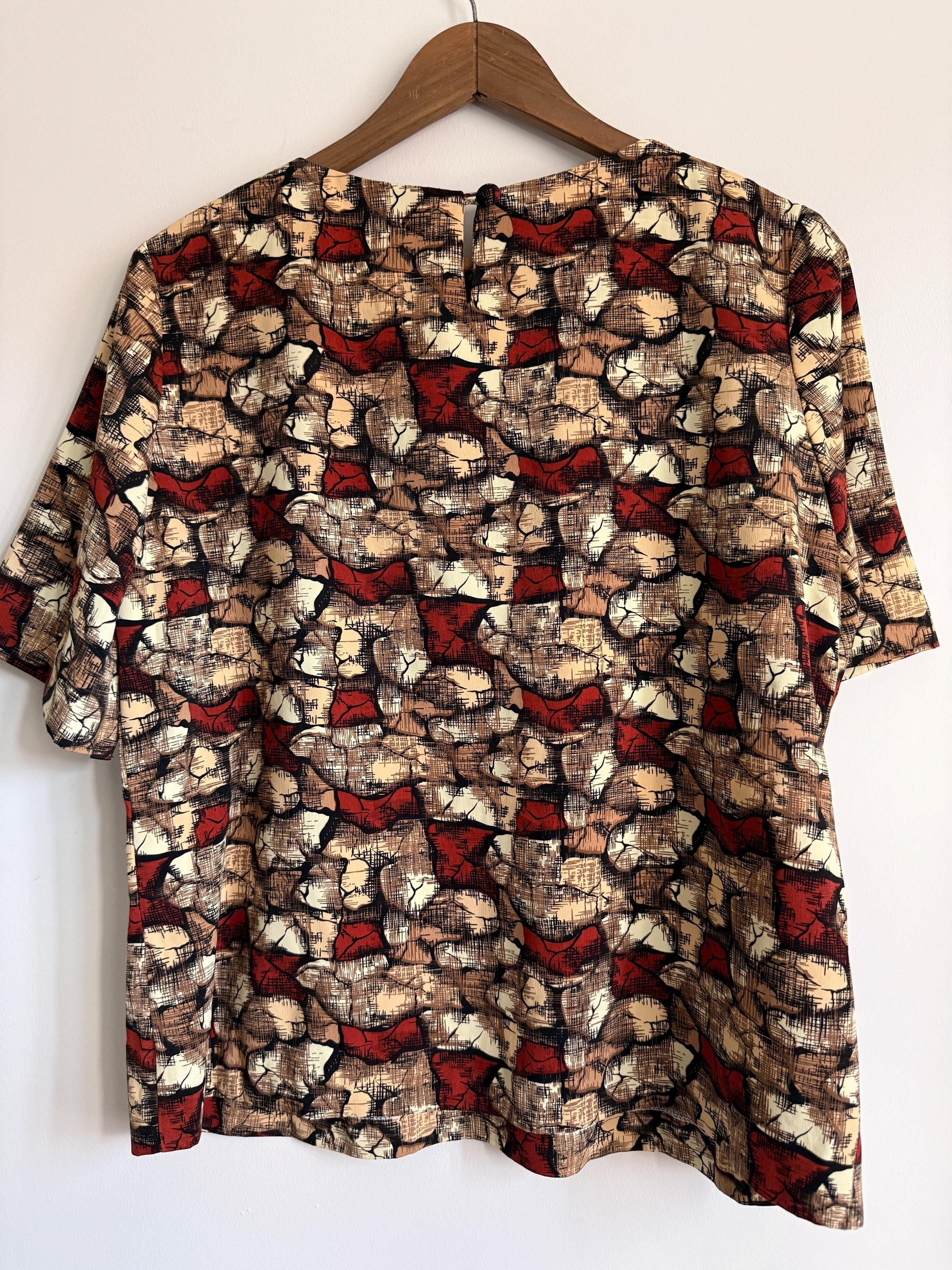 Vintage 60s 70s Abstract Print Blouse Brown Rust Cream UK 16