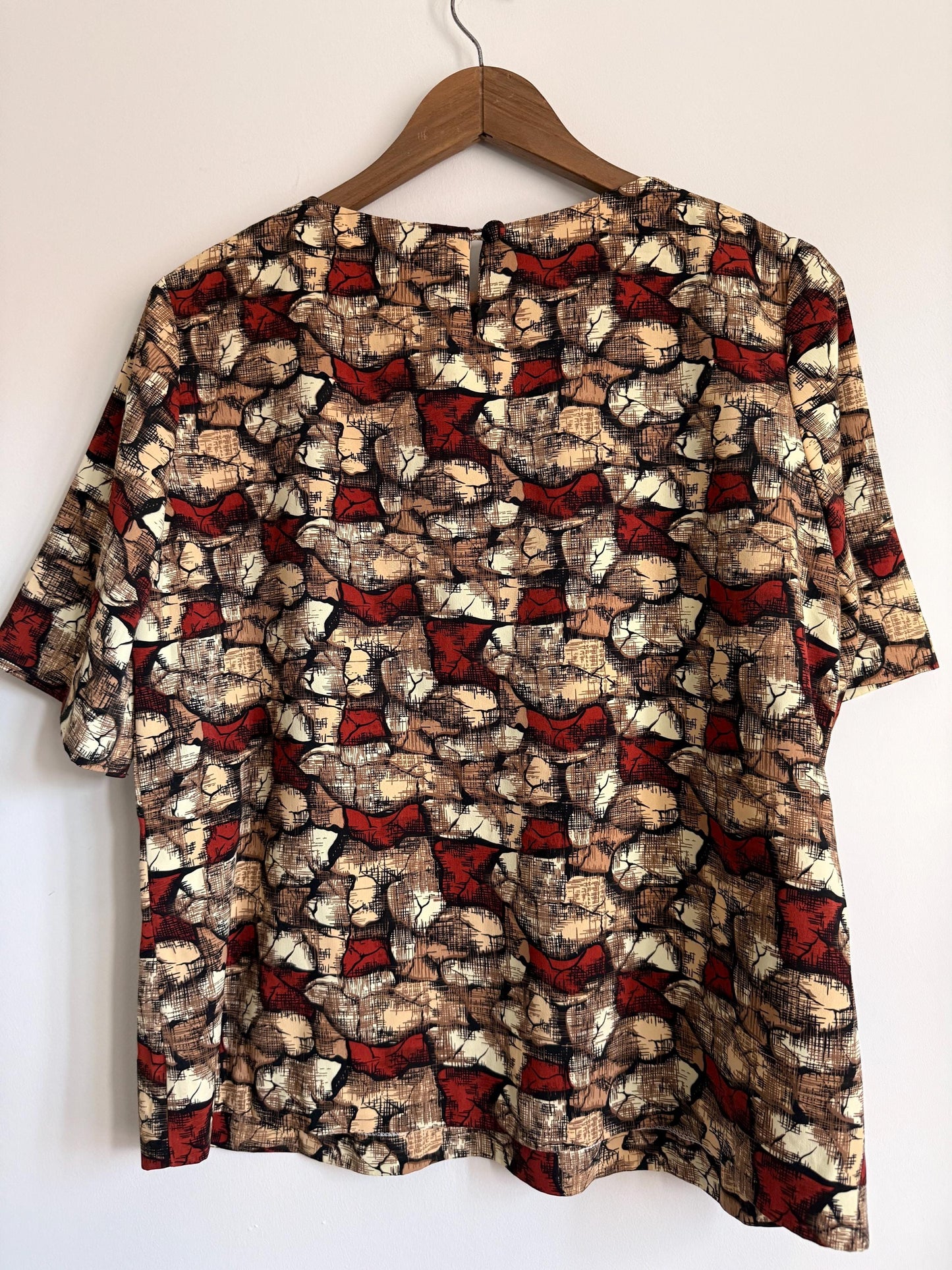 Vintage 60s 70s Abstract Print Blouse Brown Rust Cream UK 16