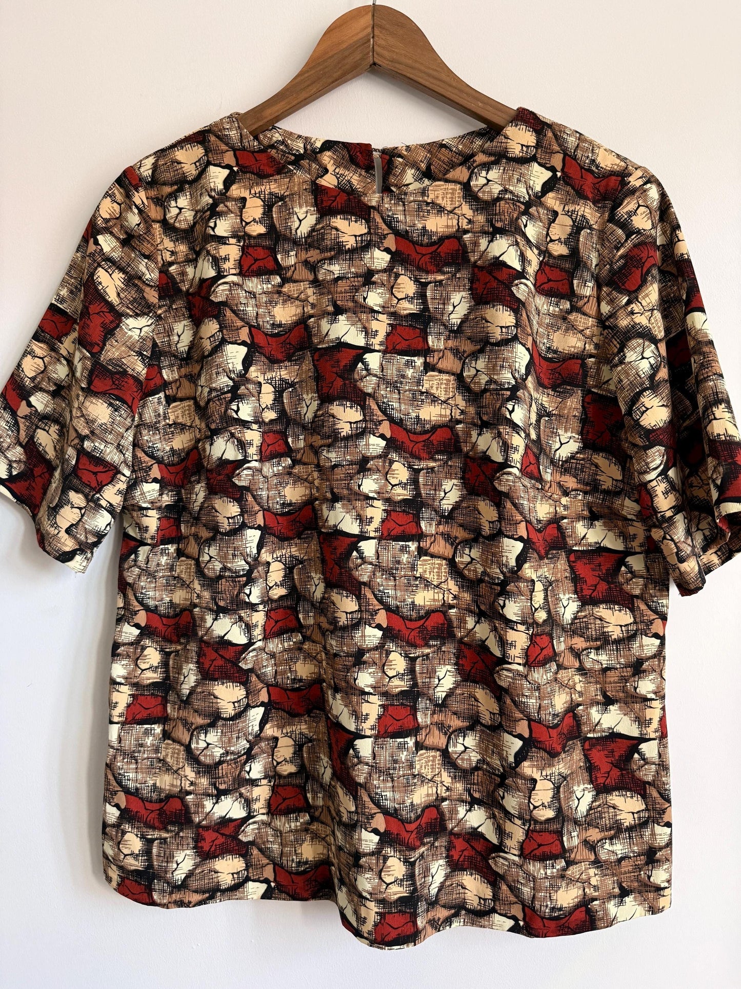 Vintage 60s 70s Abstract Print Blouse Brown Rust Cream UK 16