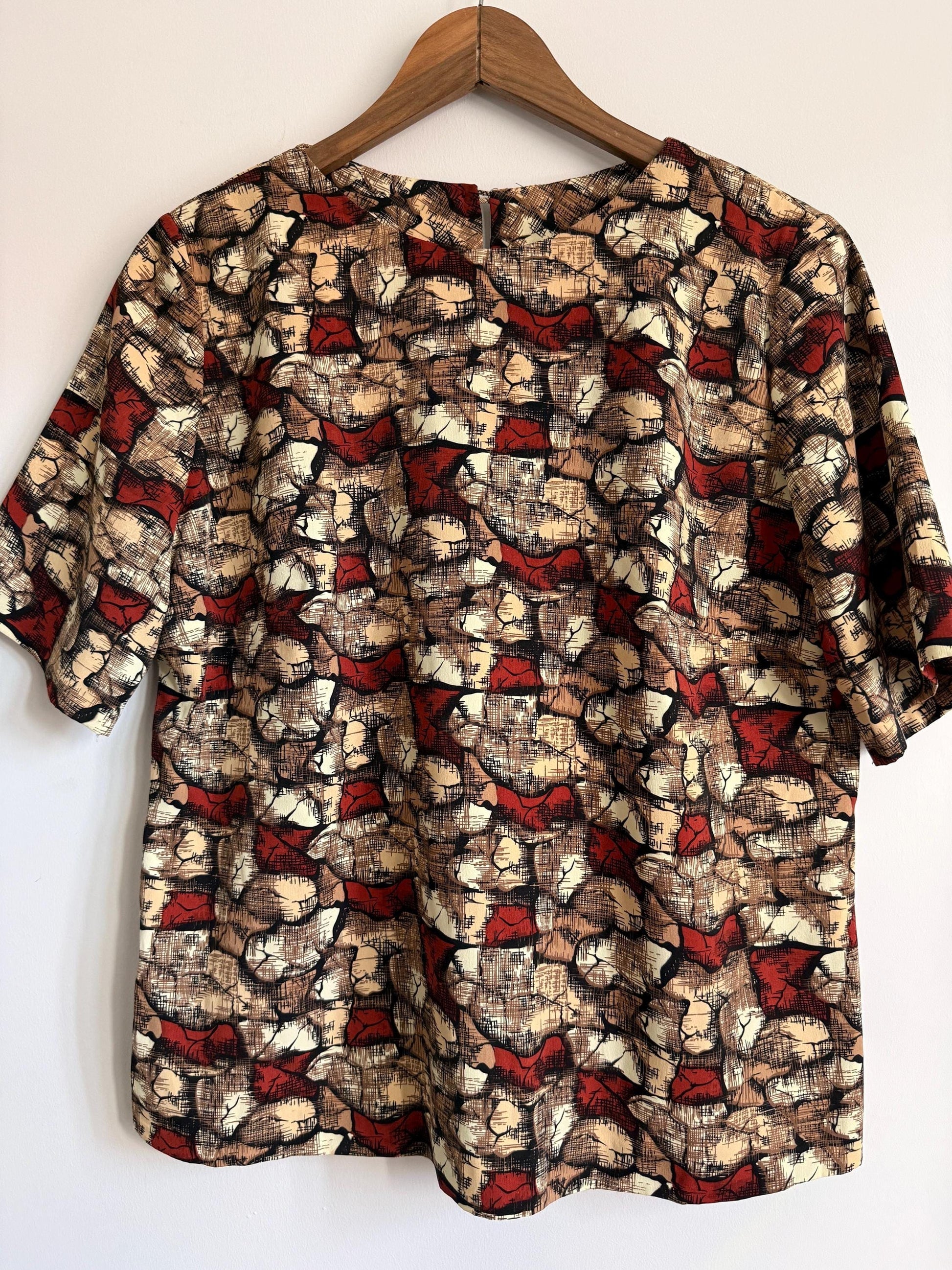 Vintage 60s 70s Abstract Print Blouse Brown Rust Cream UK 16