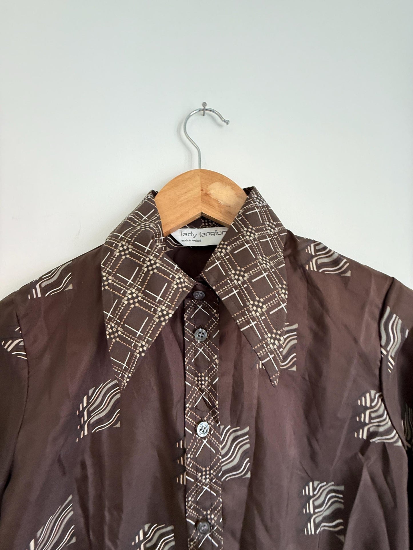 Vintage 70s Brown Geometric Blouse UK 8-10 | Retro Pattern Long Sleeve Shirt | Polyester Button Front Top Minimalist Vintage