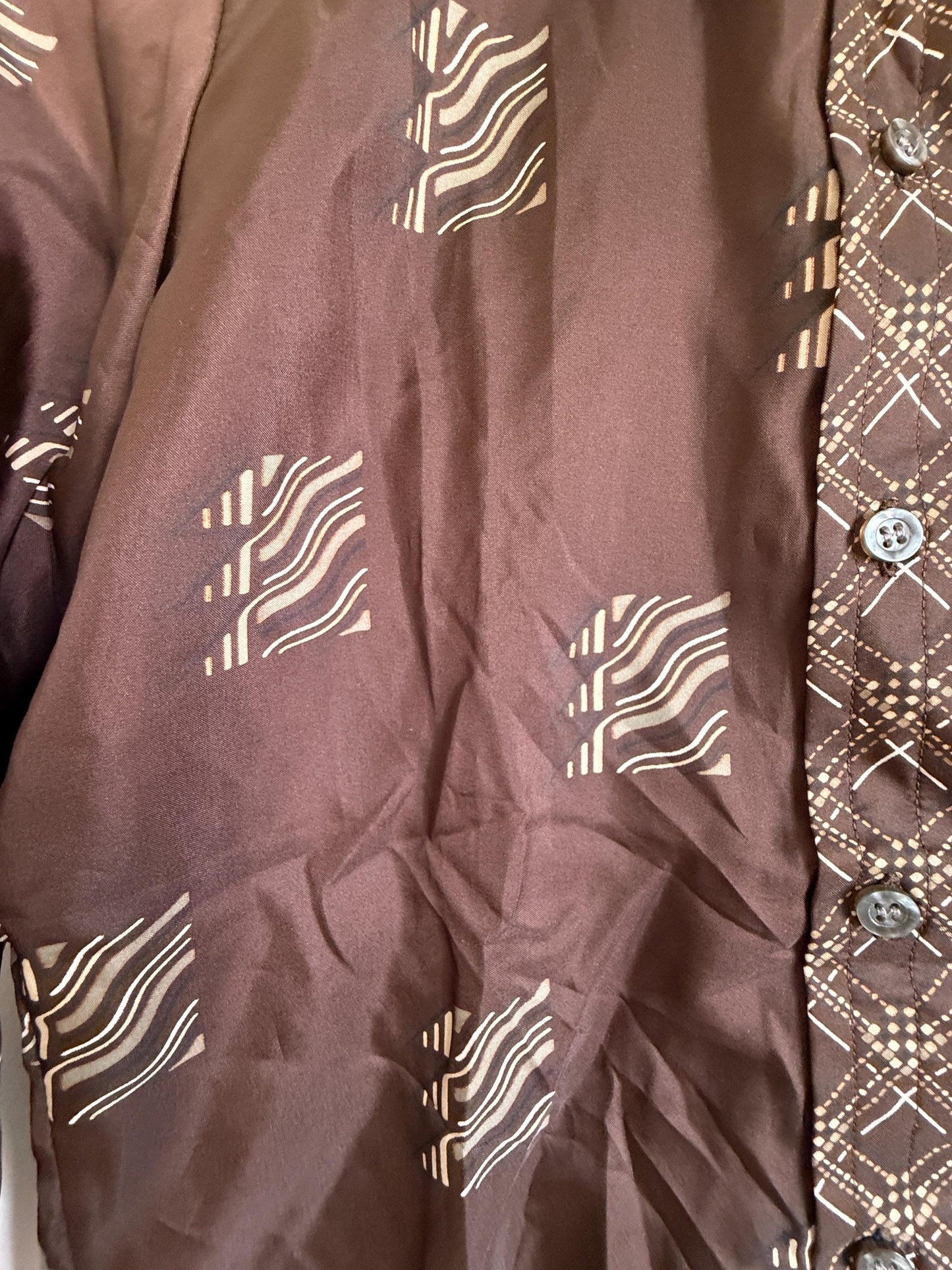 Vintage 70s Brown Geometric Blouse UK 8-10 | Retro Pattern Long Sleeve Shirt | Polyester Button Front Top Minimalist Vintage