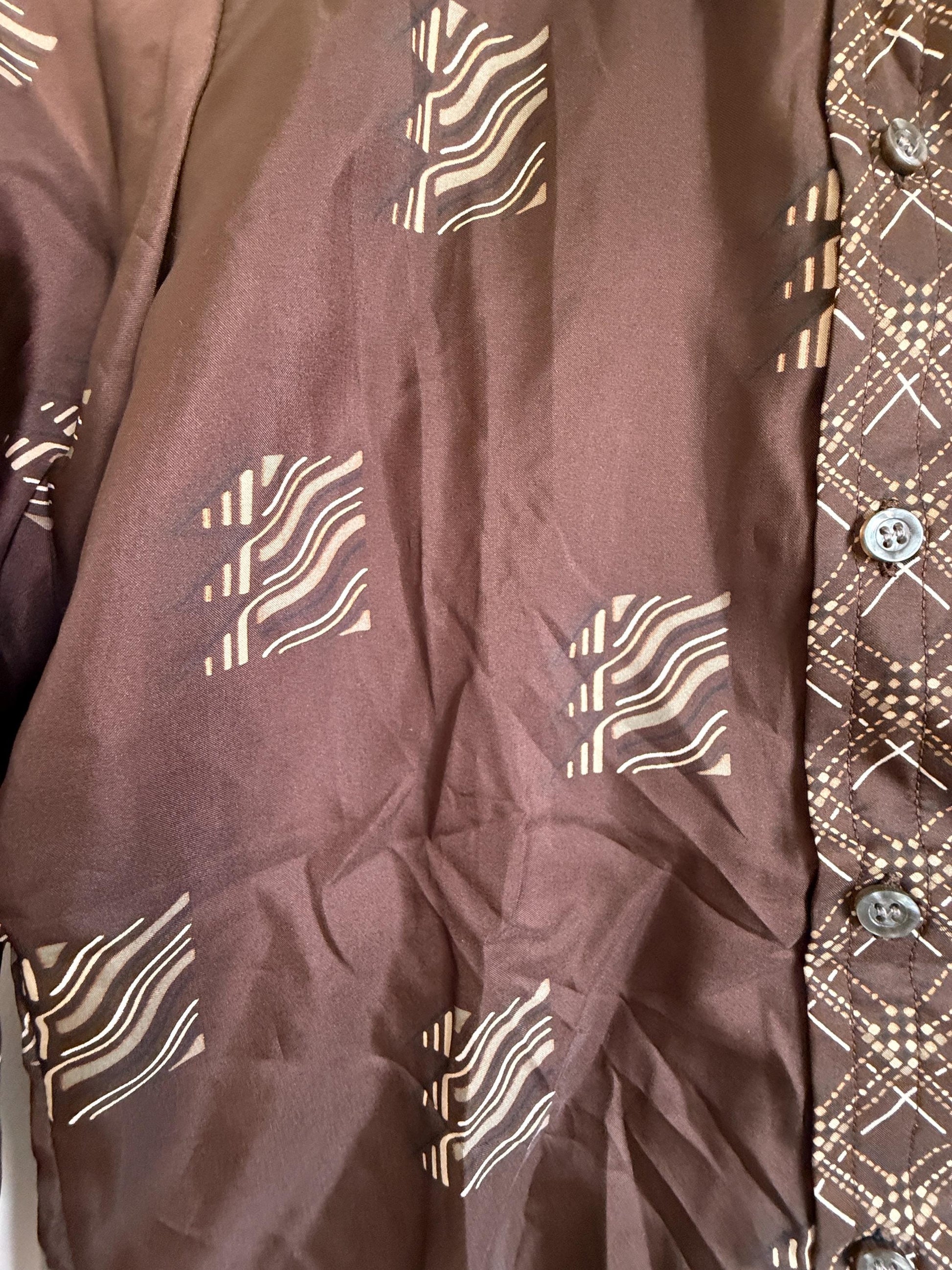 Vintage 70s Brown Geometric Blouse UK 8-10 | Retro Pattern Long Sleeve Shirt | Polyester Button Front Top Minimalist Vintage