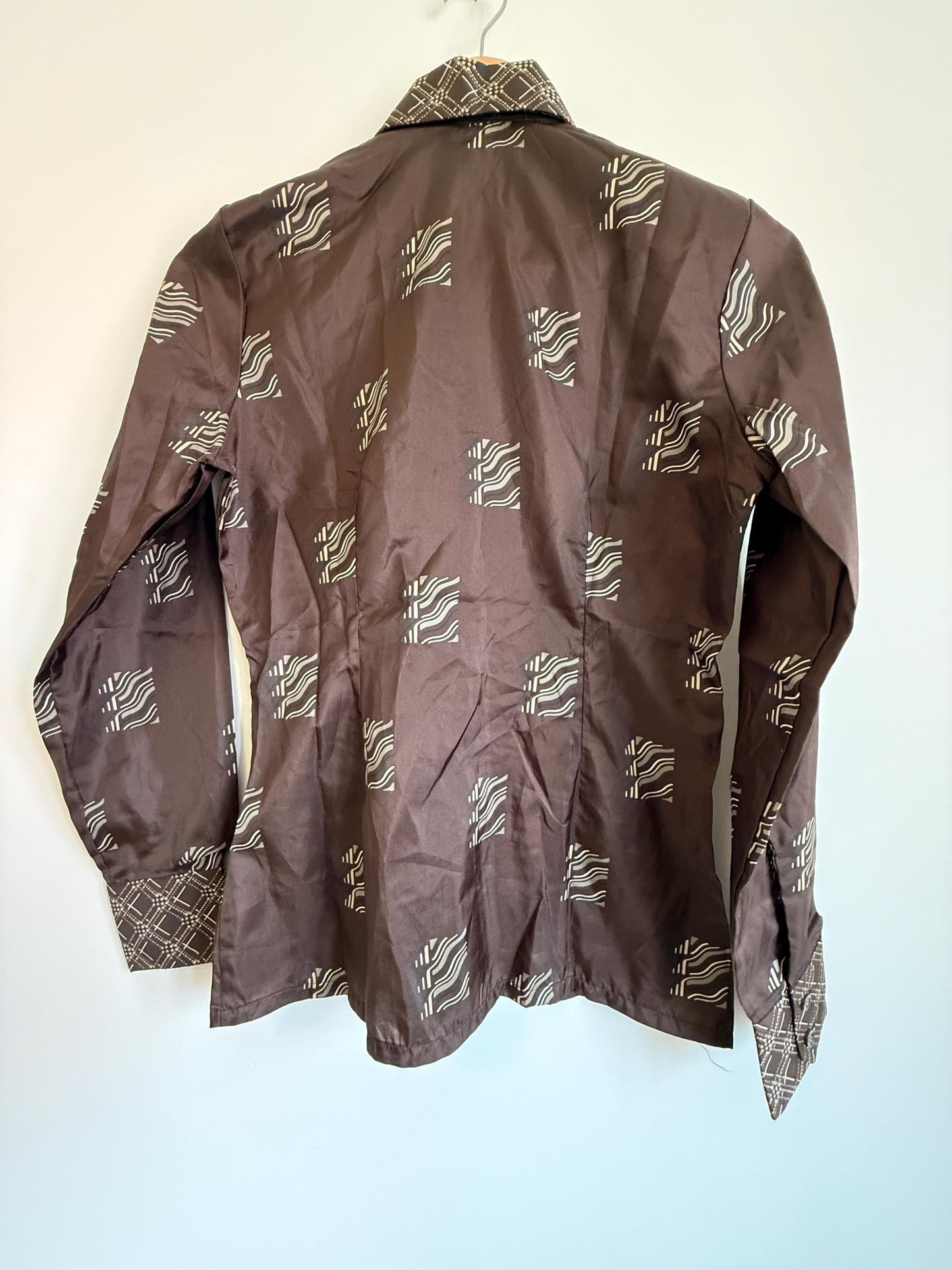 Vintage 70s Brown Geometric Blouse UK 8-10 | Retro Pattern Long Sleeve Shirt | Polyester Button Front Top Minimalist Vintage