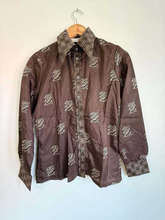 Vintage 70s Brown Geometric Blouse UK 8-10 | Retro Pattern Long Sleeve Shirt | Polyester Button Front Top Minimalist Vintage