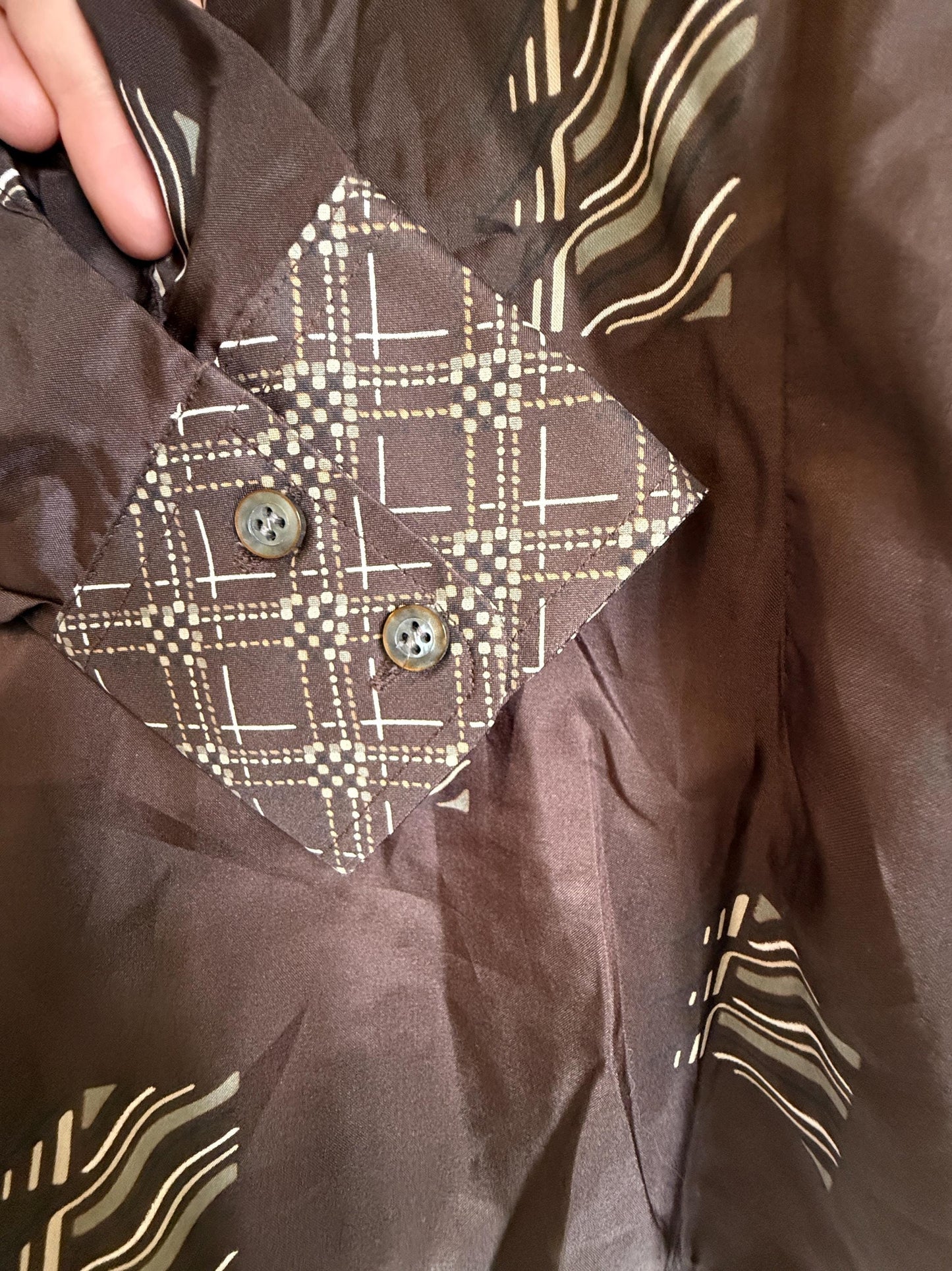 Vintage 70s Brown Geometric Blouse UK 8-10 | Retro Pattern Long Sleeve Shirt | Polyester Button Front Top Minimalist Vintage
