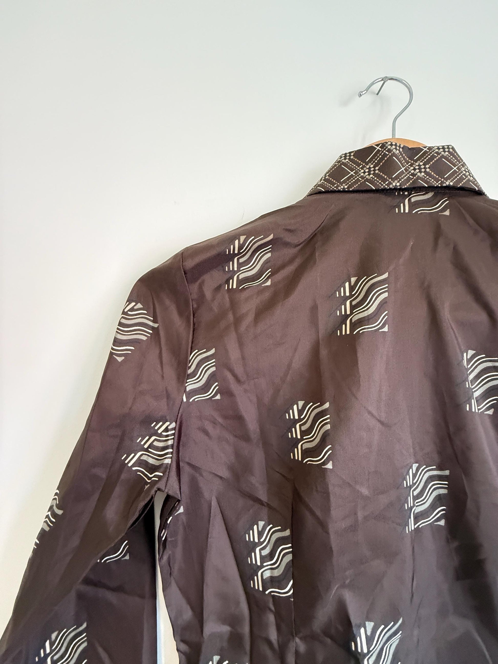 Vintage 70s Brown Geometric Blouse UK 8-10 | Retro Pattern Long Sleeve Shirt | Polyester Button Front Top Minimalist Vintage