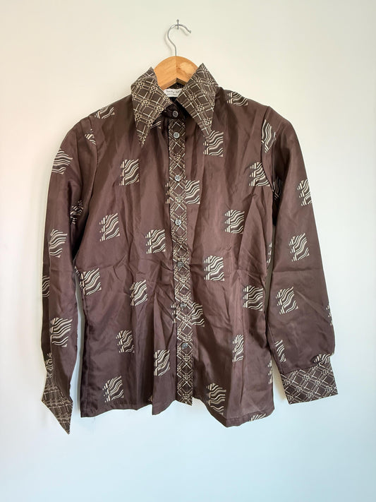 Vintage 70s Brown Geometric Blouse UK 8-10 | Retro Pattern Long Sleeve Shirt | Polyester Button Front Top Minimalist Vintage