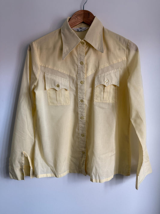 Vintage 70s Butter Yellow Western Shirt | Cowboy Style Button Up Blouse | Scalloped Pocket Shirt | Retro Women's Shirt