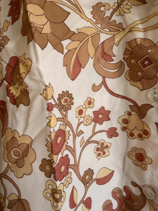 Vintage 70s Floral Blouse UK 8-10 | Cream Boho Long Sleeve Shirt | Romantic Retro Polyester Top Cottagecore Vintage
