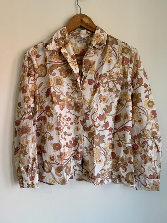 Vintage 70s Floral Blouse UK 8-10 | Cream Boho Long Sleeve Shirt | Romantic Retro Polyester Top Cottagecore Vintage