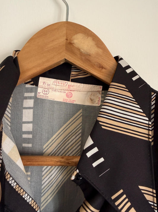 Vintage 70s Geometric Graphic Blouse UK 8-10 | Black Abstract Print Long Sleeve Shirt | Retro Minimalist Polyester Top