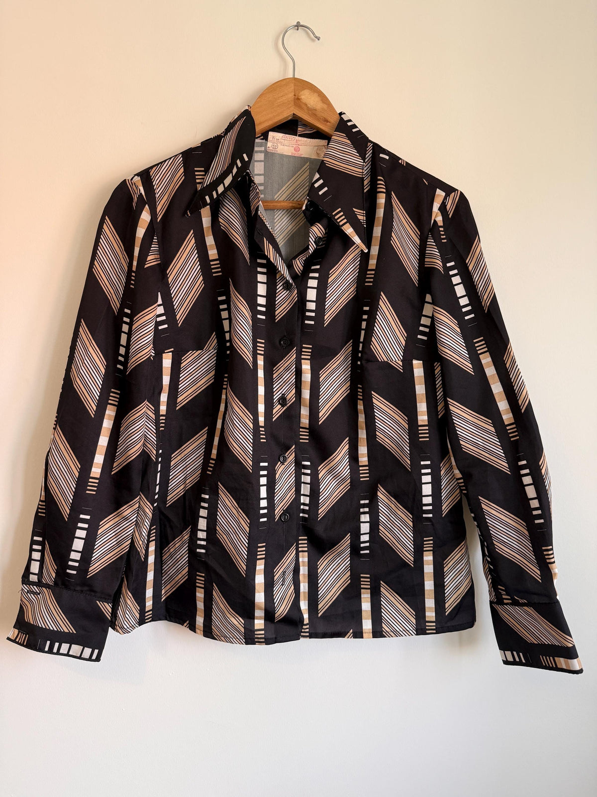 Vintage 70s Geometric Graphic Blouse UK 8-10 | Black Abstract Print Long Sleeve Shirt | Retro Minimalist Polyester Top