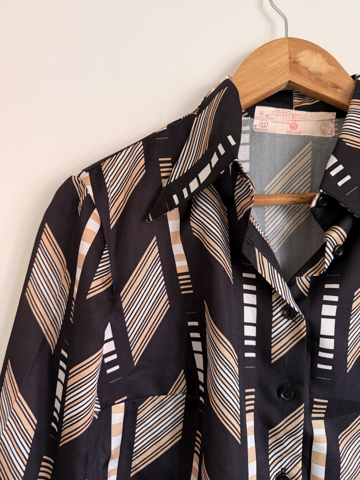 Vintage 70s Geometric Graphic Blouse UK 8-10 | Black Abstract Print Long Sleeve Shirt | Retro Minimalist Polyester Top