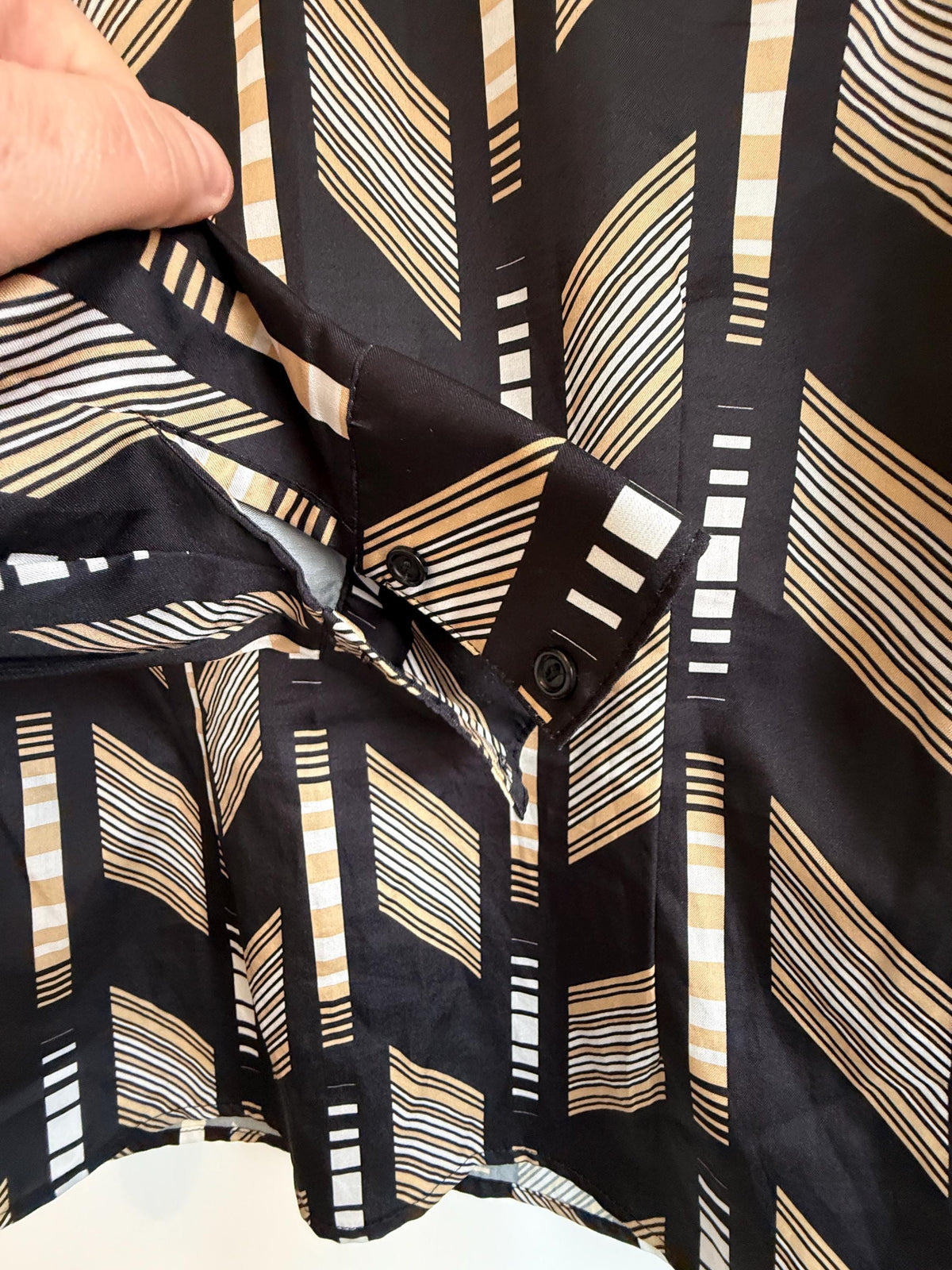Vintage 70s Geometric Graphic Blouse UK 8-10 | Black Abstract Print Long Sleeve Shirt | Retro Minimalist Polyester Top