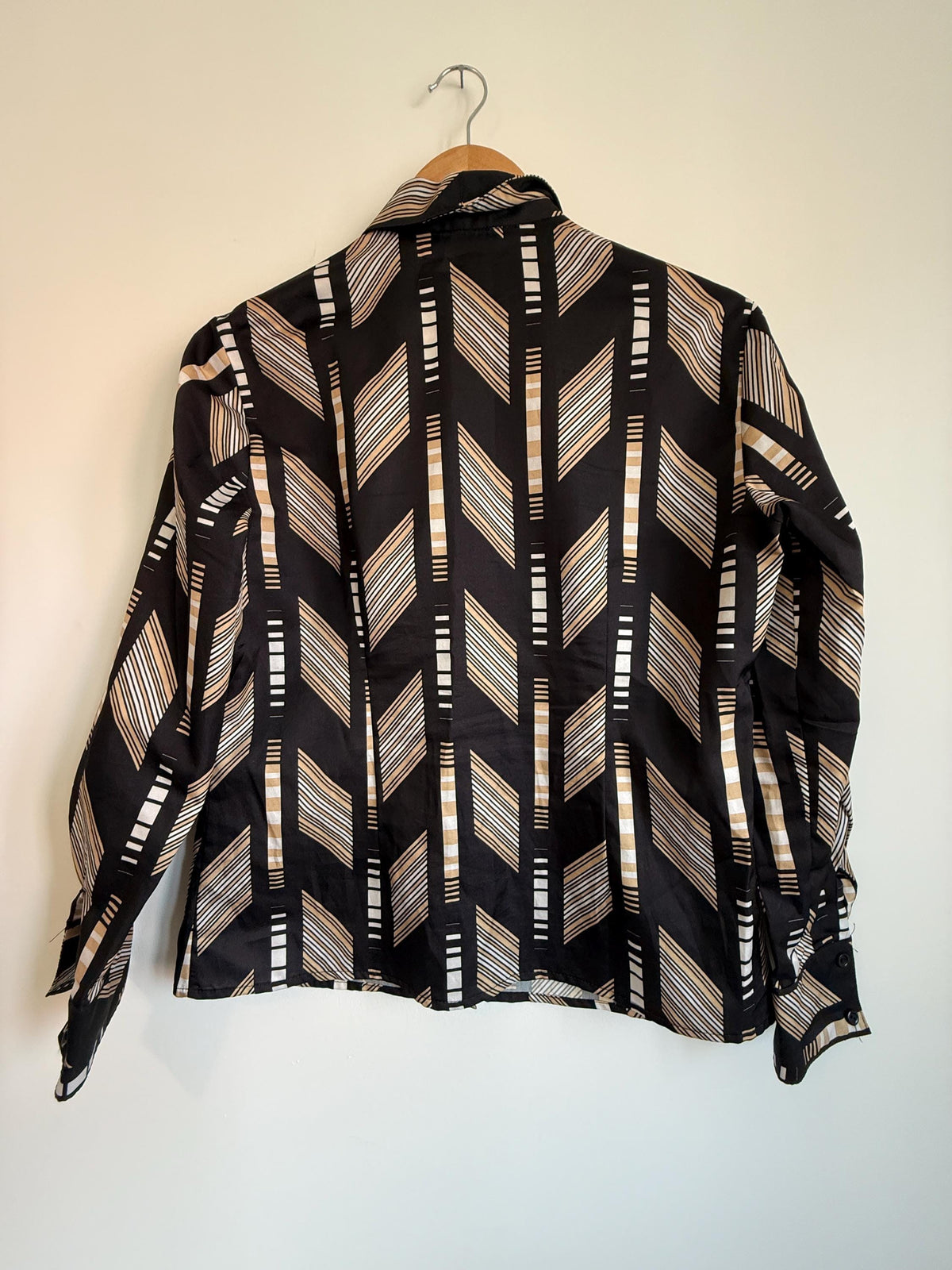 Vintage 70s Geometric Graphic Blouse UK 8-10 | Black Abstract Print Long Sleeve Shirt | Retro Minimalist Polyester Top