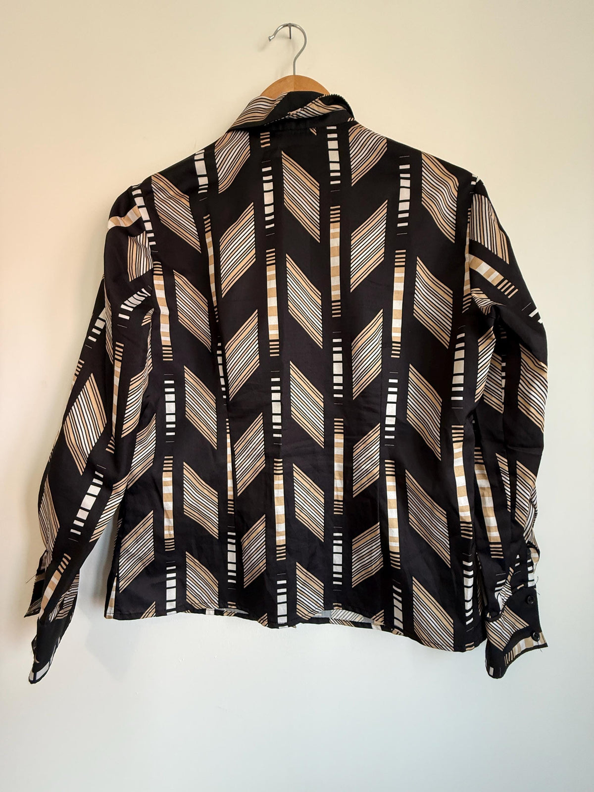 Vintage 70s Geometric Graphic Blouse UK 8-10 | Black Abstract Print Long Sleeve Shirt | Retro Minimalist Polyester Top
