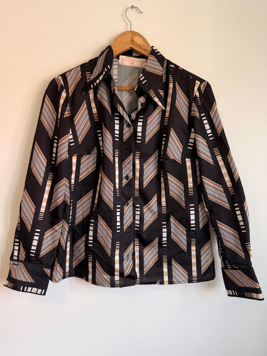 Vintage 70s Geometric Graphic Blouse UK 8-10 | Black Abstract Print Long Sleeve Shirt | Retro Minimalist Polyester Top