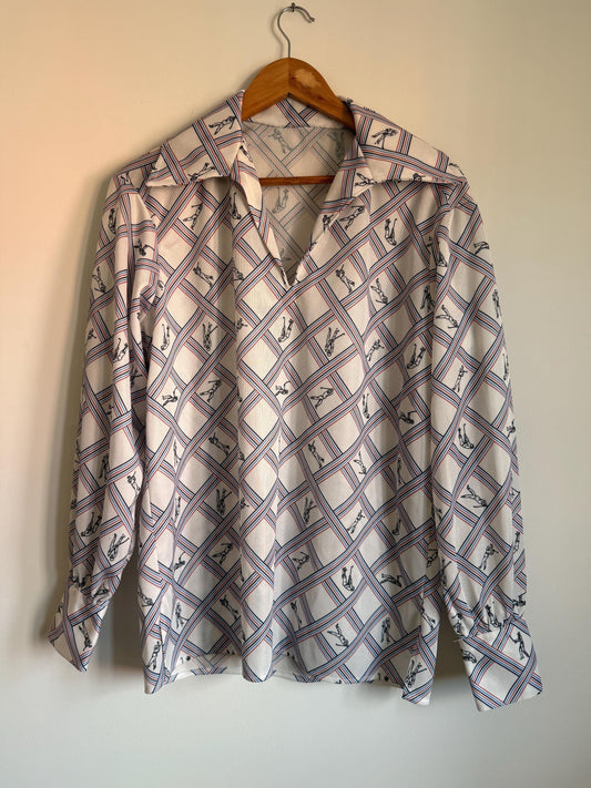 Vintage 70s Novelty Golf Print Blouse UK 14-16 | Striped Polyester Long Sleeve Top | Retro Kitsch Pull On Shirt