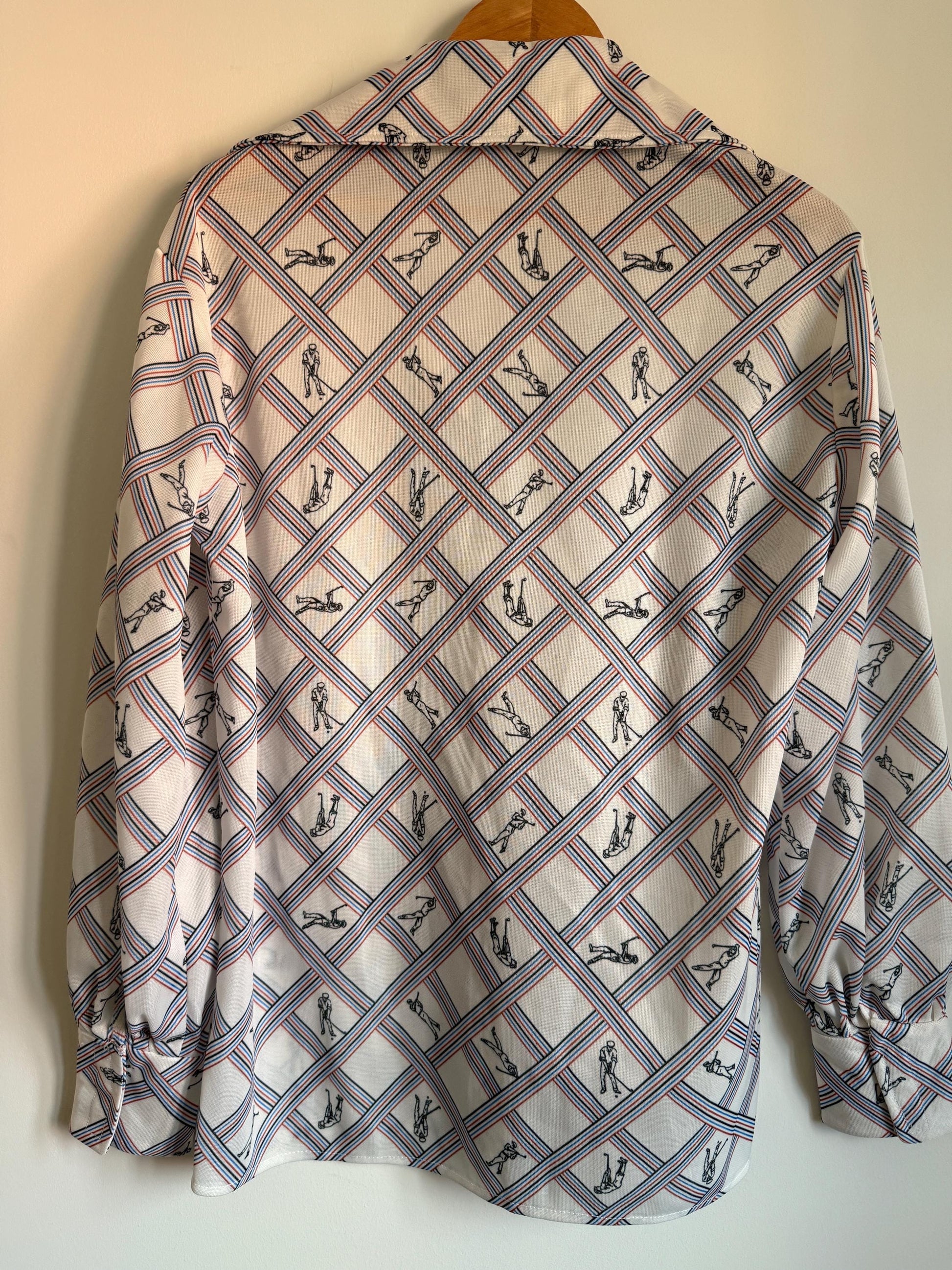 Vintage 70s Novelty Golf Print Blouse UK 14-16 | Striped Polyester Long Sleeve Top | Retro Kitsch Pull On Shirt